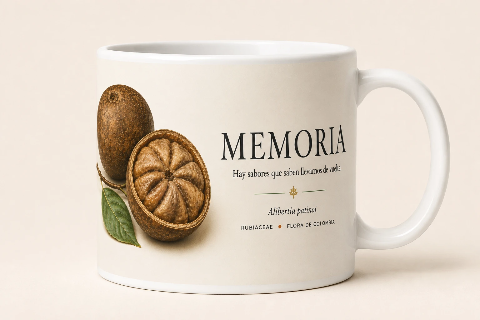 Mug VERBO 'Hay sabores que saben llevarnos de vuelta', ilustración de borojó entero y en corte, Alibertia patinoi, flora de Colombia