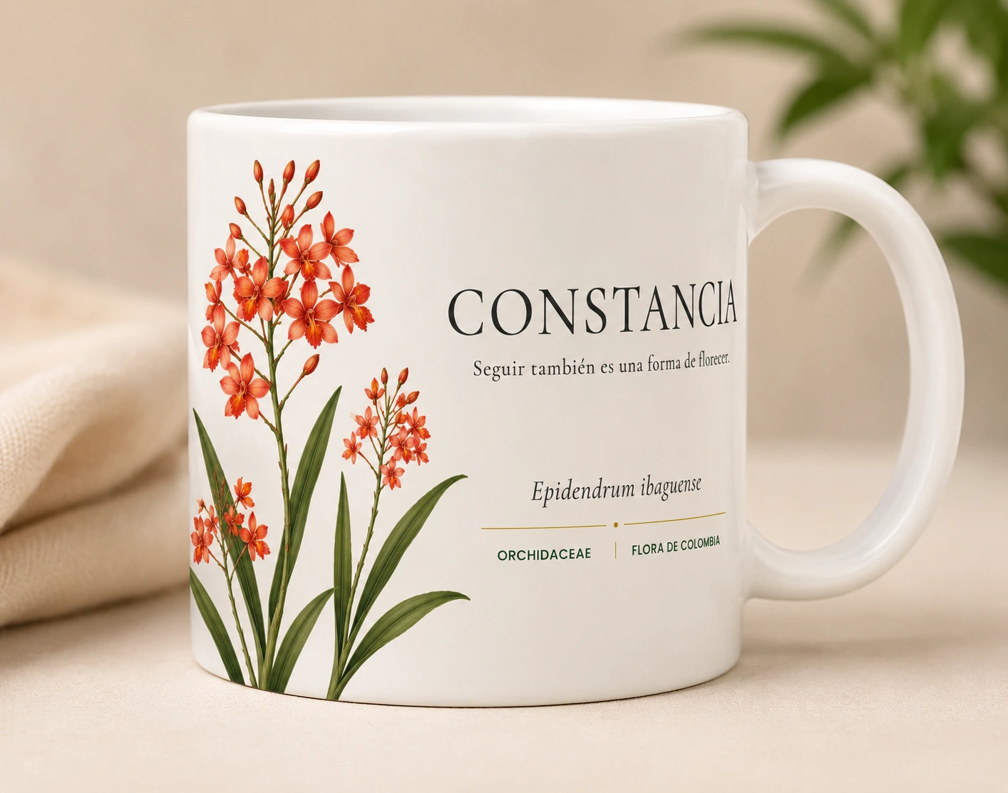 Mug VERBO 'Seguir también es una forma de florecer', ilustración botánica de Epidendrum ibaguense, orquídea de Colombia