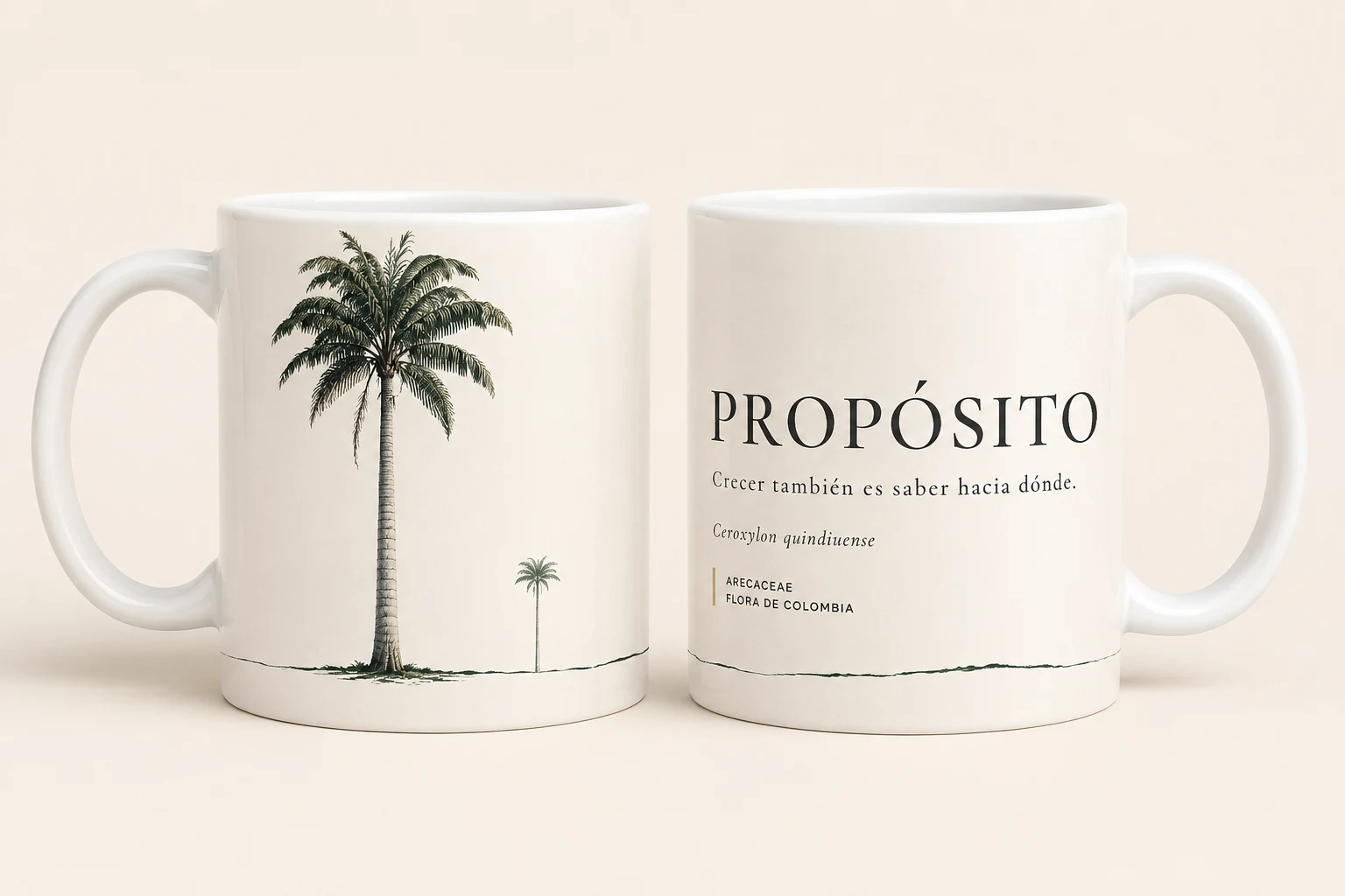 Mug VERBO 'Crecer también es saber hacia dónde', ilustración botánica de Ceroxylon quindiuense, palma de cera de Colombia