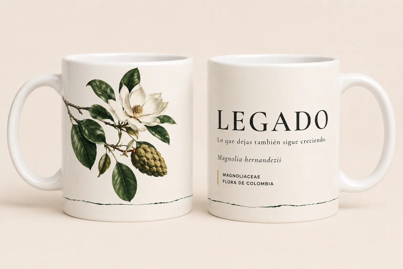 Mug VERBO 'Lo que dejas también sigue creciendo', ilustración botánica de Magnolia hernandezii, molinillo de Colombia