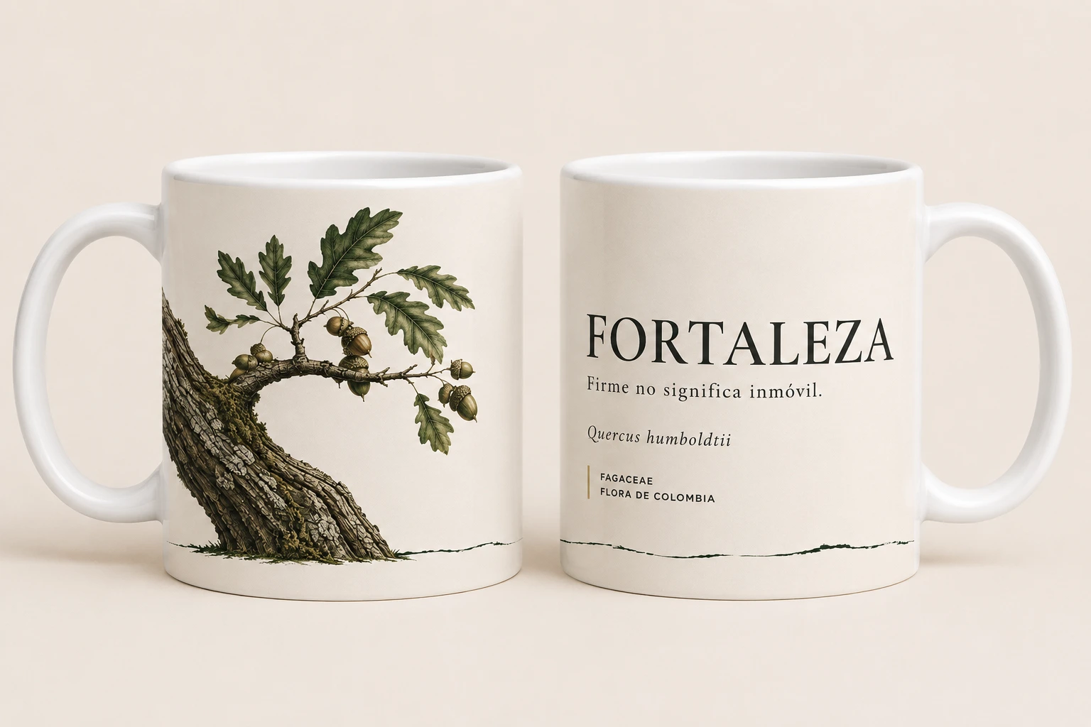Mug VERBO 'Firme no significa inmóvil', ilustración botánica de Quercus humboldtii, roble colombiano