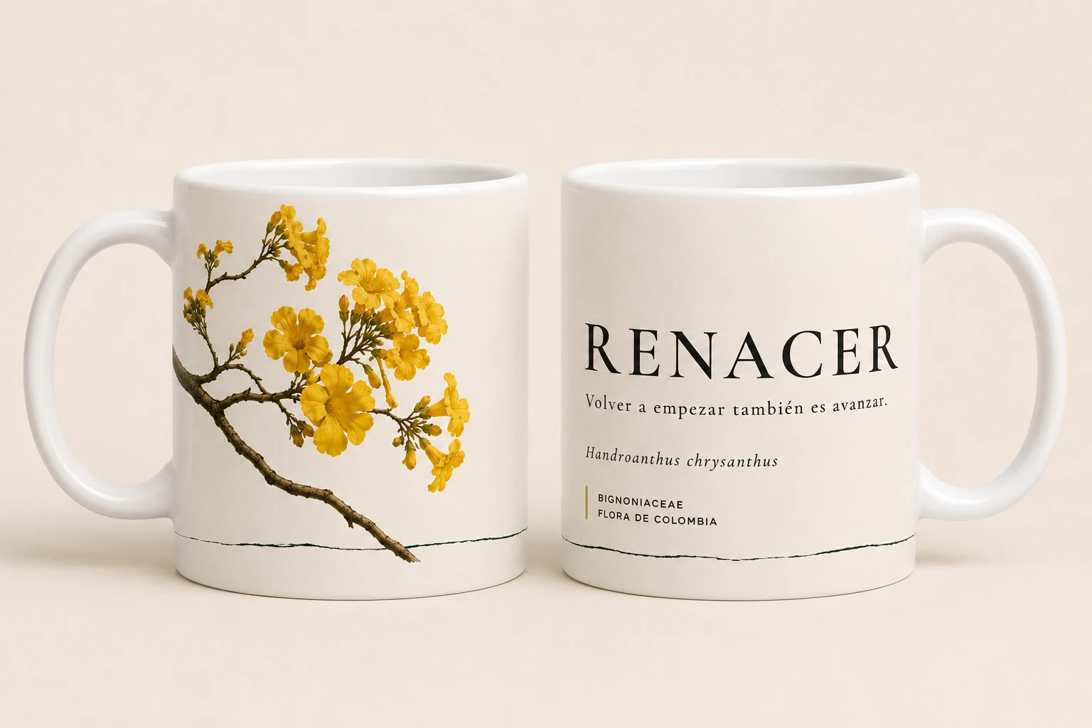 Mug VERBO 'Volver a empezar también es avanzar', ilustración botánica de Handroanthus chrysanthus, guayacán amarillo de Colombia