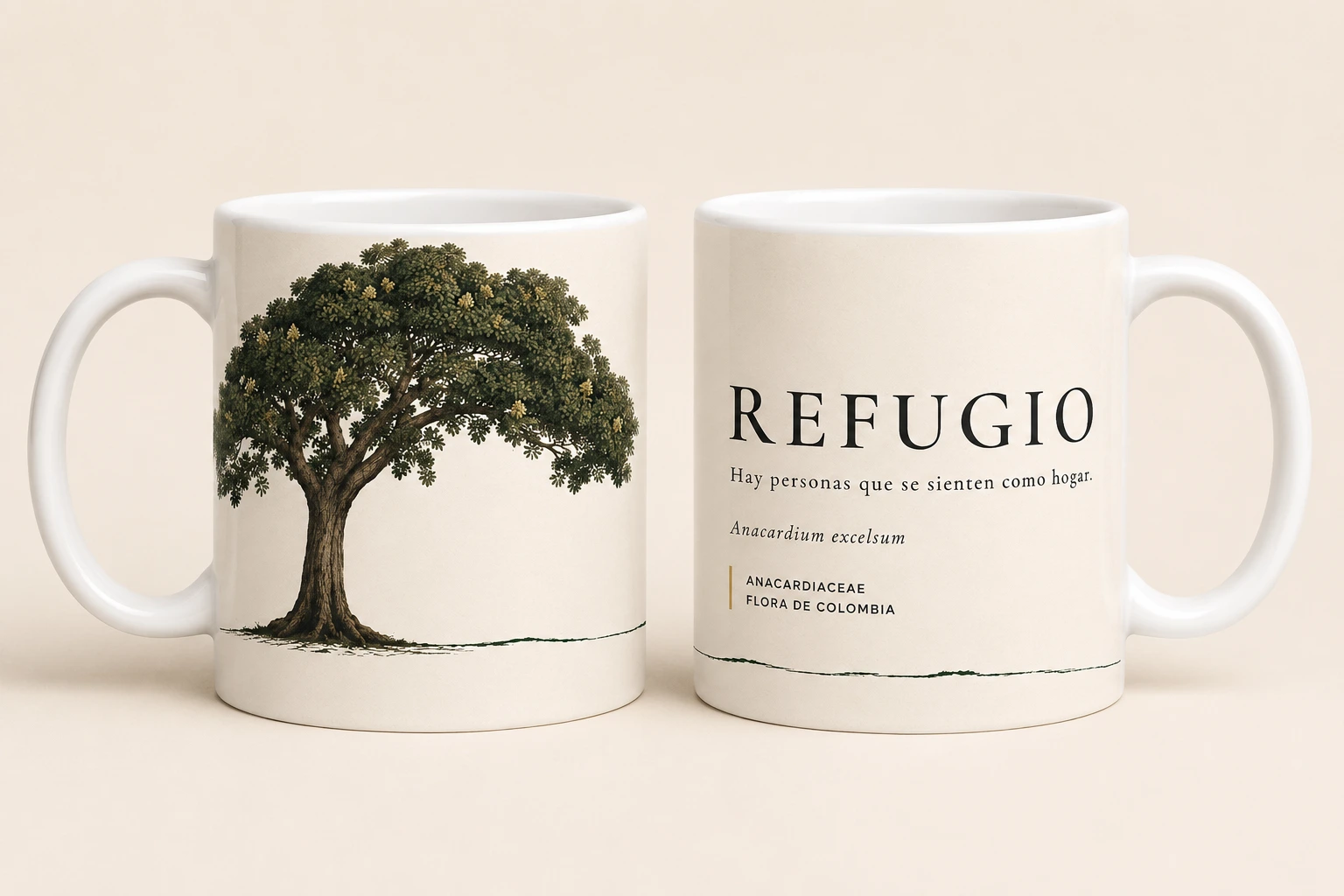 Mug VERBO 'Hay personas que se sienten como hogar', ilustración botánica de Anacardium excelsum, caracolí de Colombia