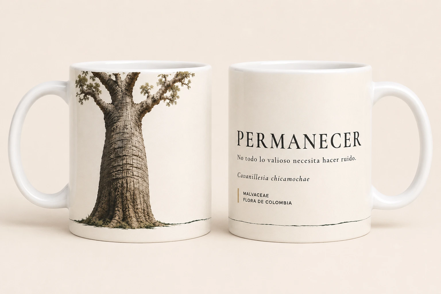 Mug VERBO 'No todo lo valioso necesita hacer ruido', ilustración botánica de Cavanillesia chicamochae, árbol nativo de Colombia
