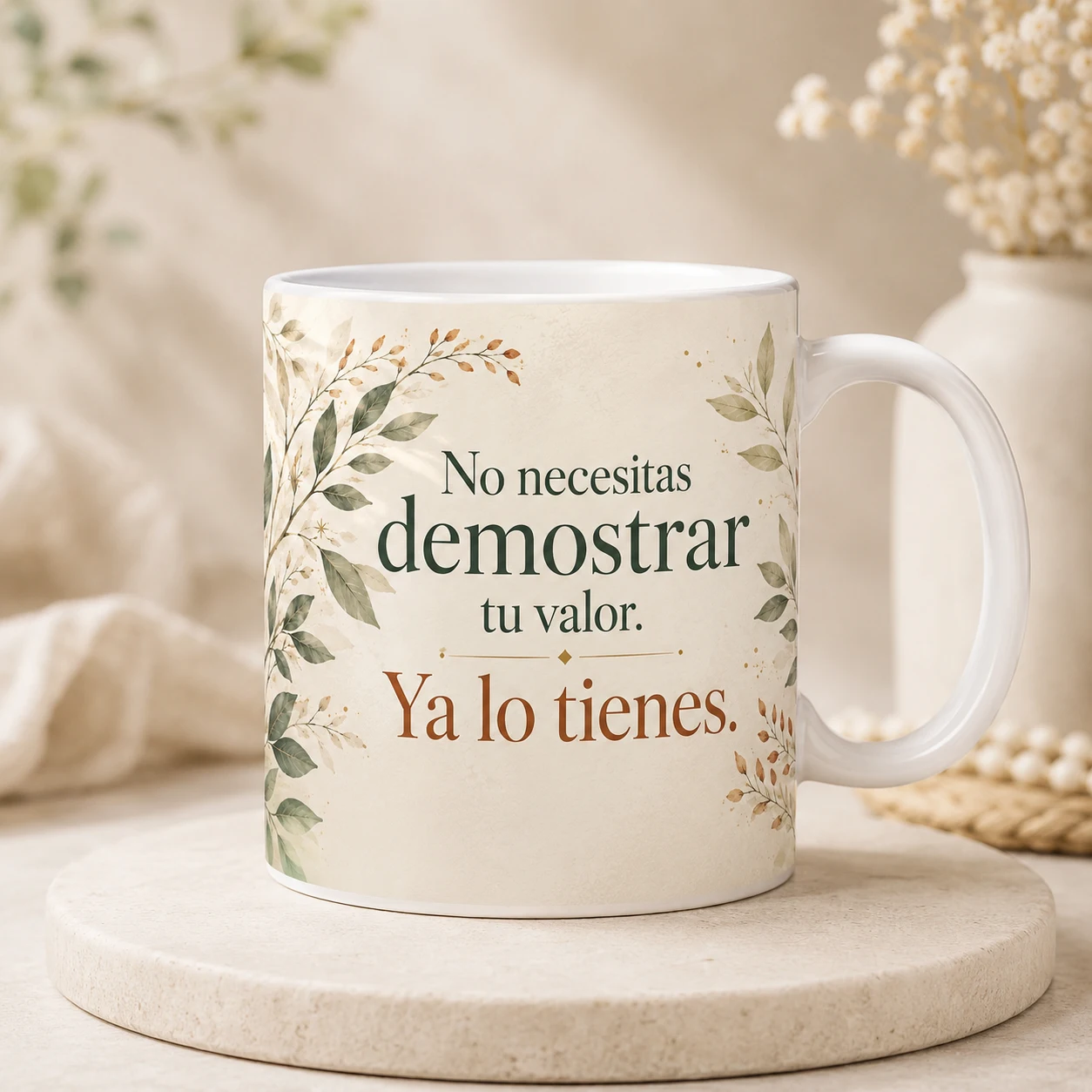 Mug VERBO 'No necesitas demostrar tu valor, ya lo tienes', con ilustración de ramas formando un marco natural