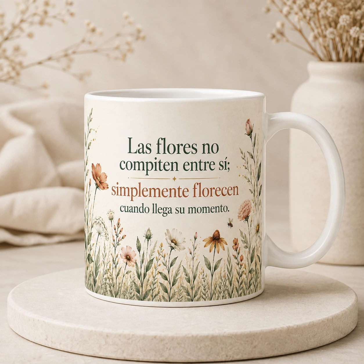 Mug VERBO 'Las flores no compiten entre sí, simplemente florecen cuando llega su momento', con ilustración de jardín florido