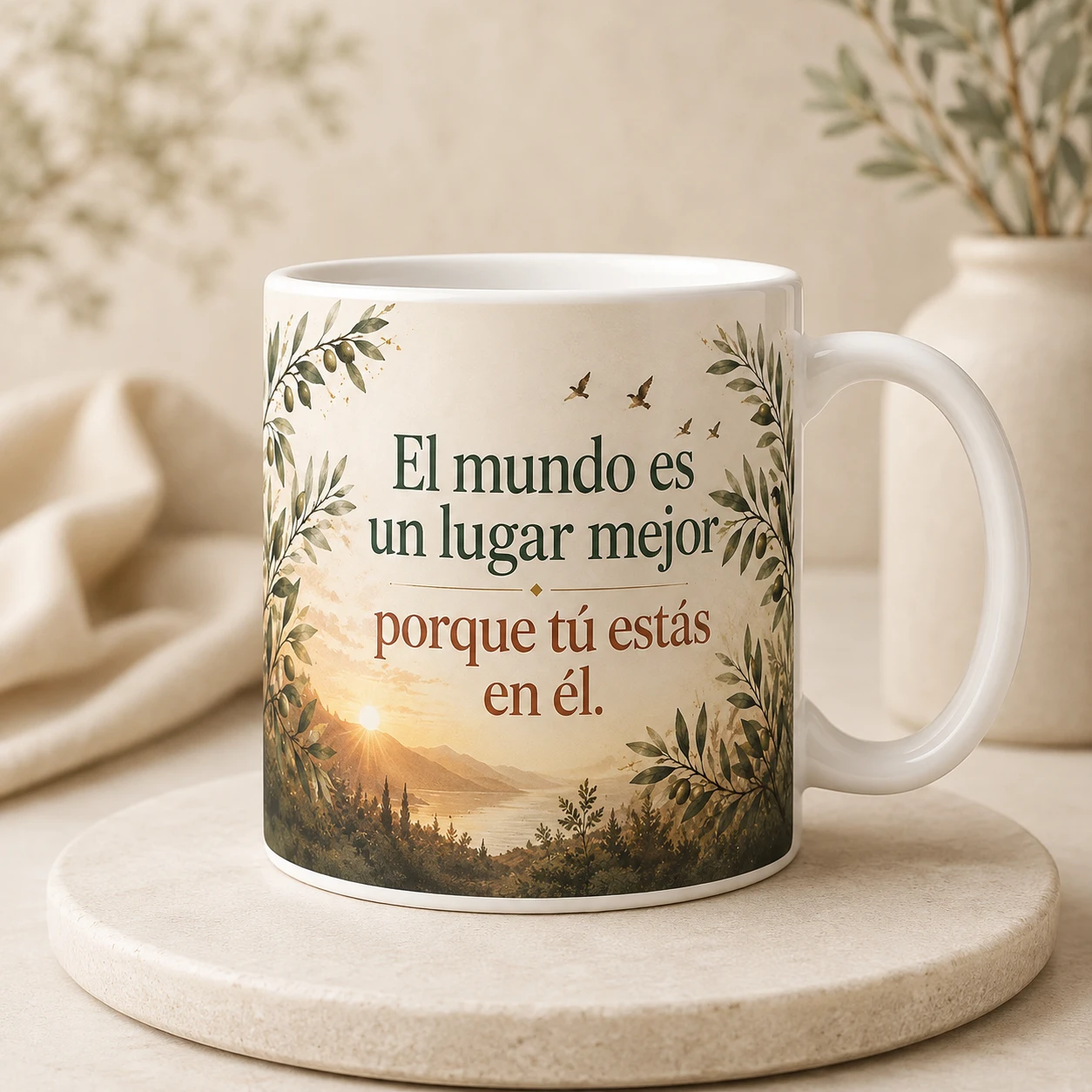 Mug VERBO 'El mundo es un lugar mejor porque tú estás en él', con ilustración de amanecer y ramas de olivo