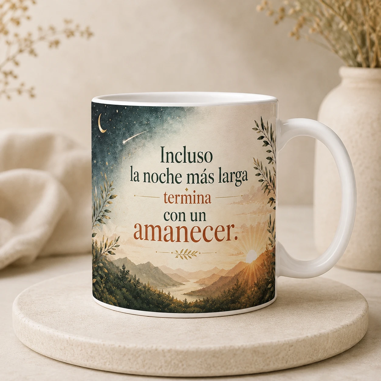 Mug VERBO 'Incluso la noche más larga termina con un amanecer', con ilustración de cielo estrellado transformándose en amanecer