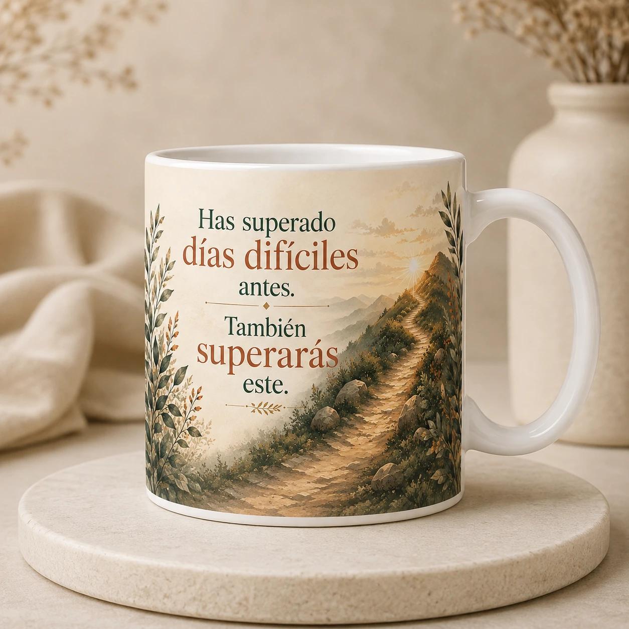 Mug VERBO 'Has superado días difíciles antes, también superarás este', con ilustración de un camino ascendente entre montañas
