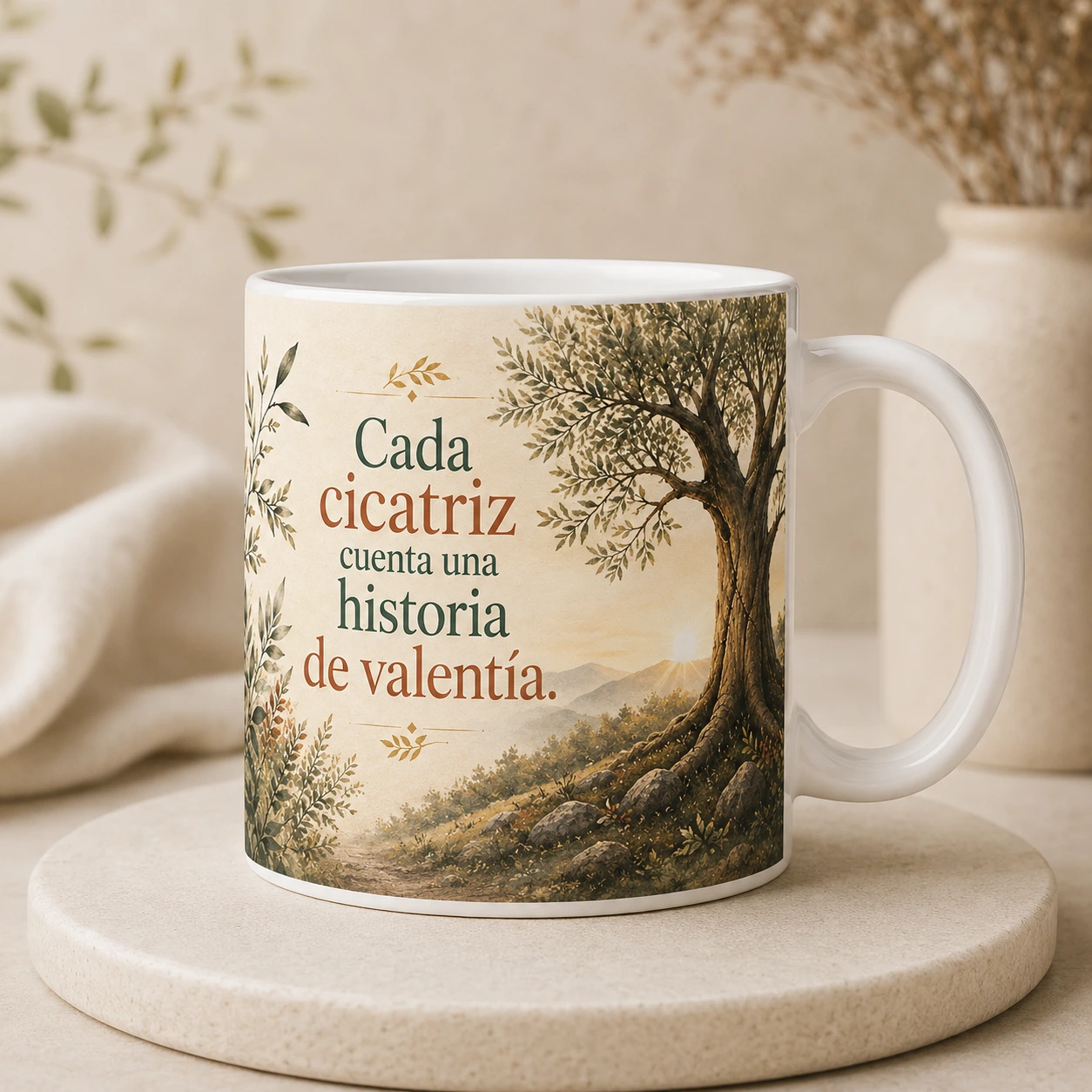 Mug VERBO 'Cada cicatriz cuenta una historia de valentía', con ilustración de un árbol con hojas nuevas brotando