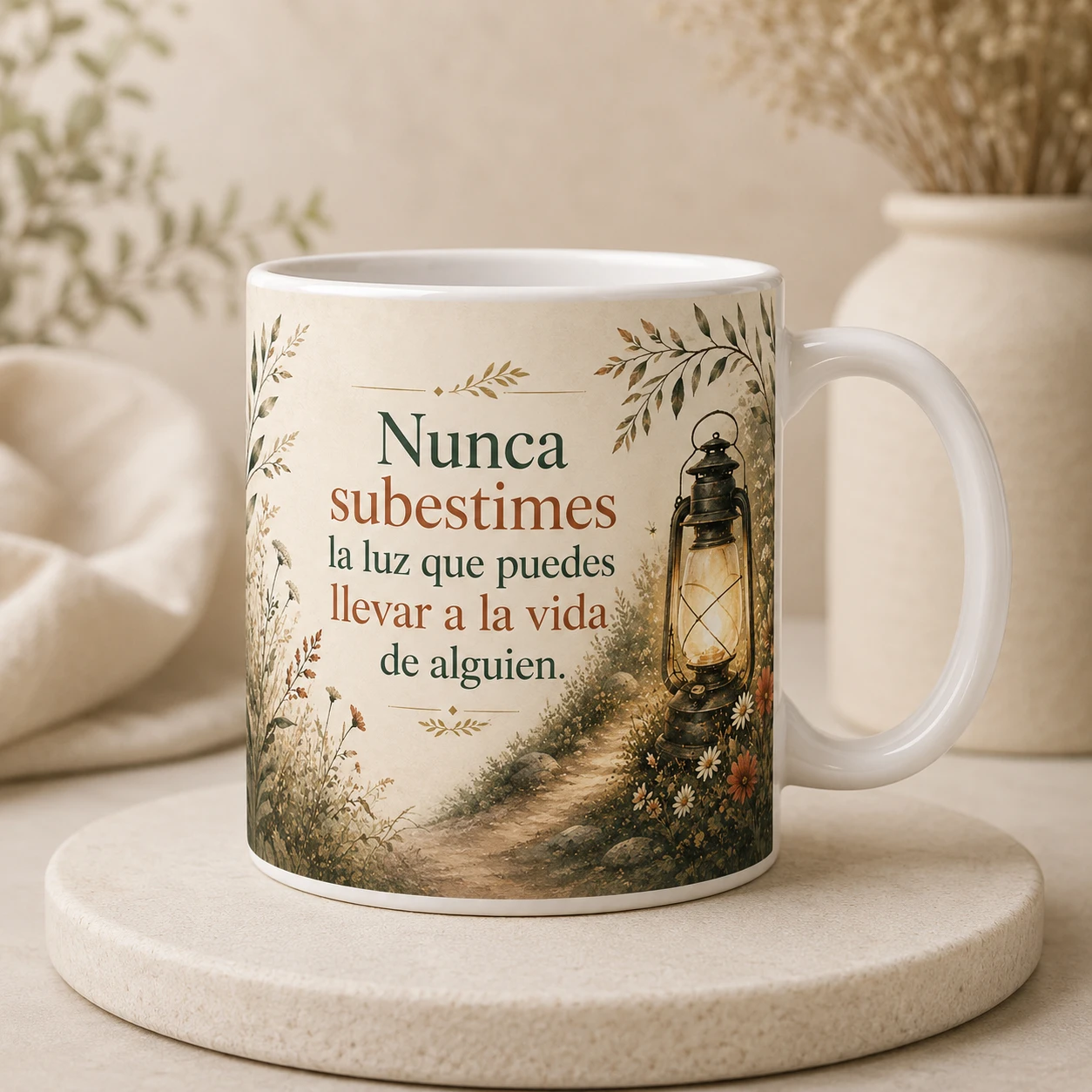 Mug VERBO 'Nunca subestimes la luz que puedes llevar a la vida de alguien', con ilustración de una lámpara antigua iluminando un sendero