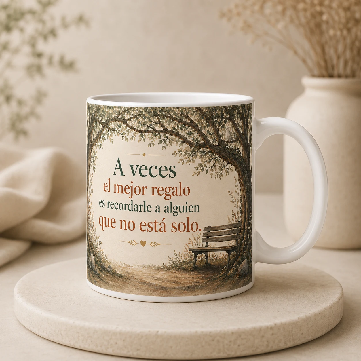 Mug VERBO 'A veces el mejor regalo es recordarle a alguien que no está solo', con ilustración de dos árboles unidos por sus ramas sobre un banco