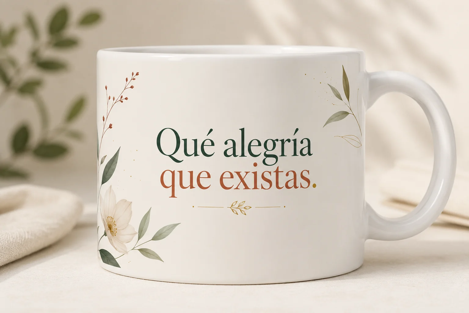 Mug VERBO 'Qué alegría que existas', con ilustración de flor blanca y ramas de eucalipto
