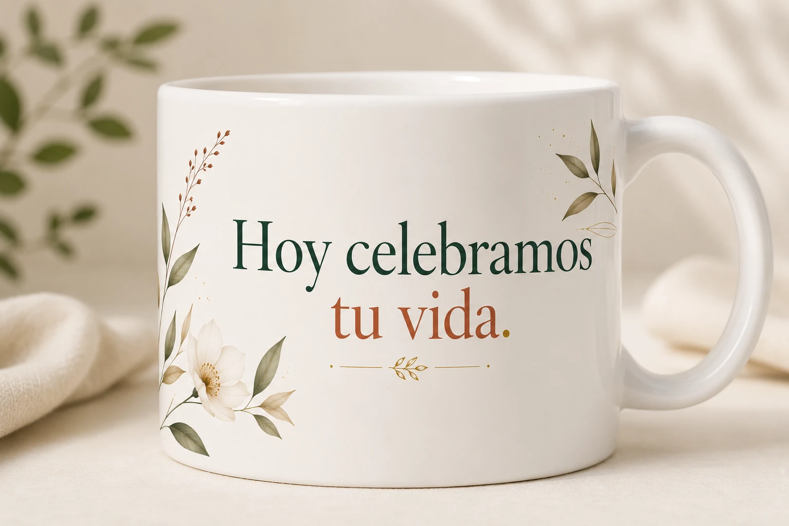 Mug VERBO 'Hoy celebramos tu vida', con ilustración de flor blanca y ramas verdes