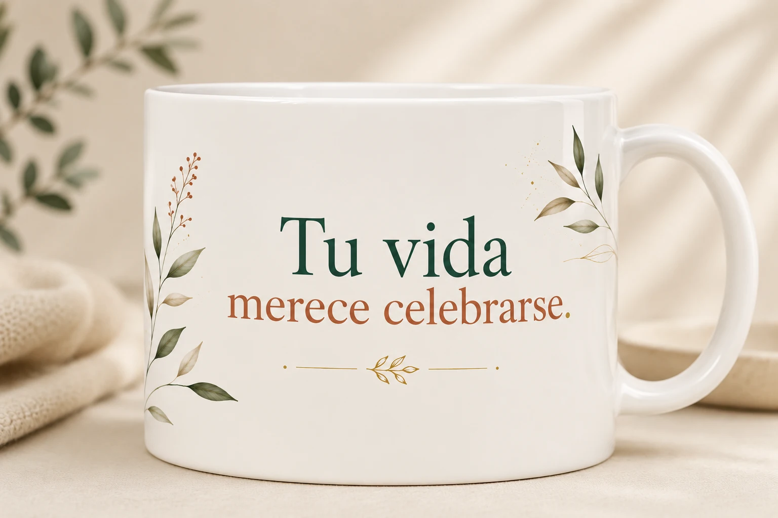 Mug VERBO 'Tu vida merece celebrarse', con ilustración de ramas y semillas rojas