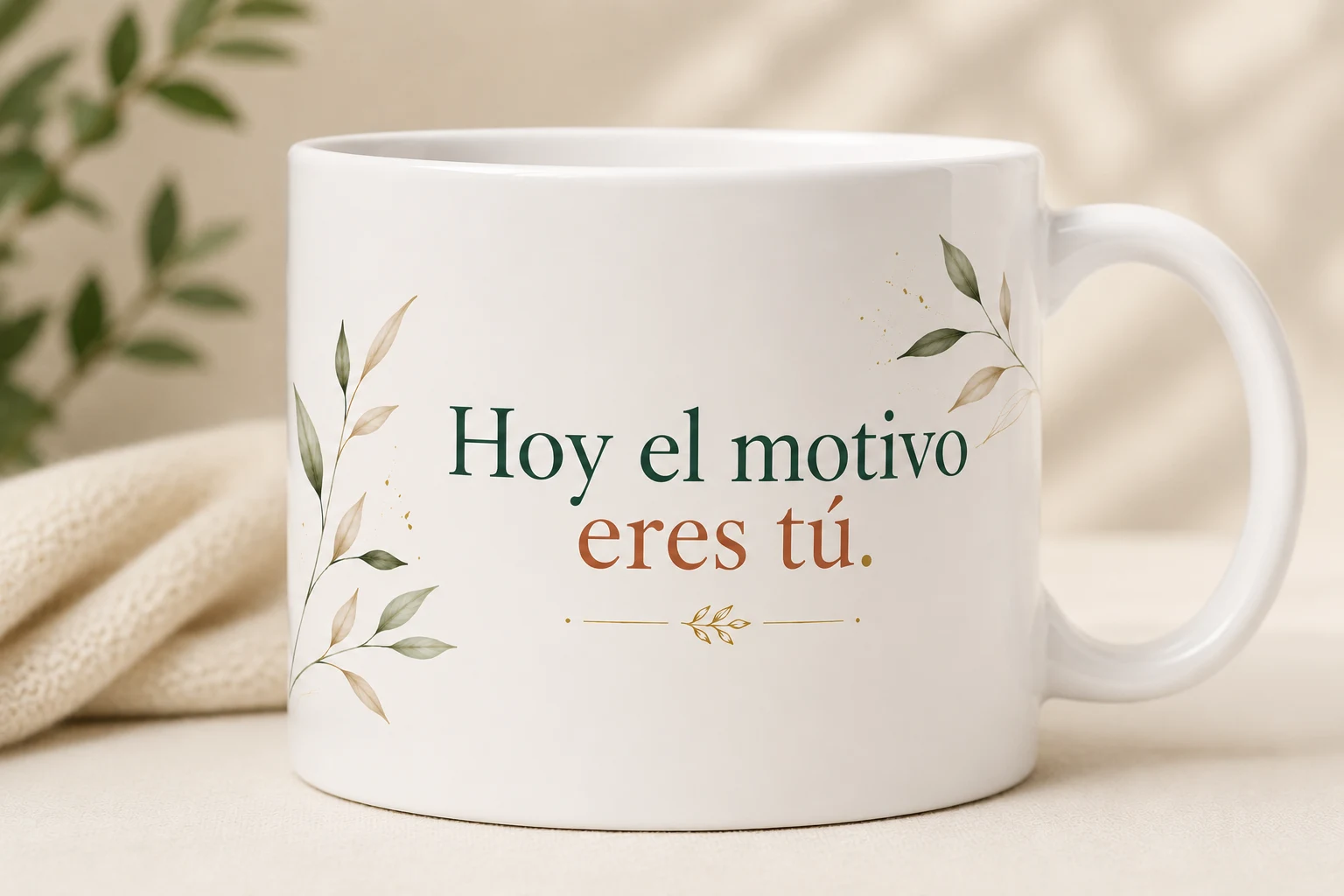 Mug VERBO 'Hoy el motivo eres tú', con ilustración de rama de hojas doradas
