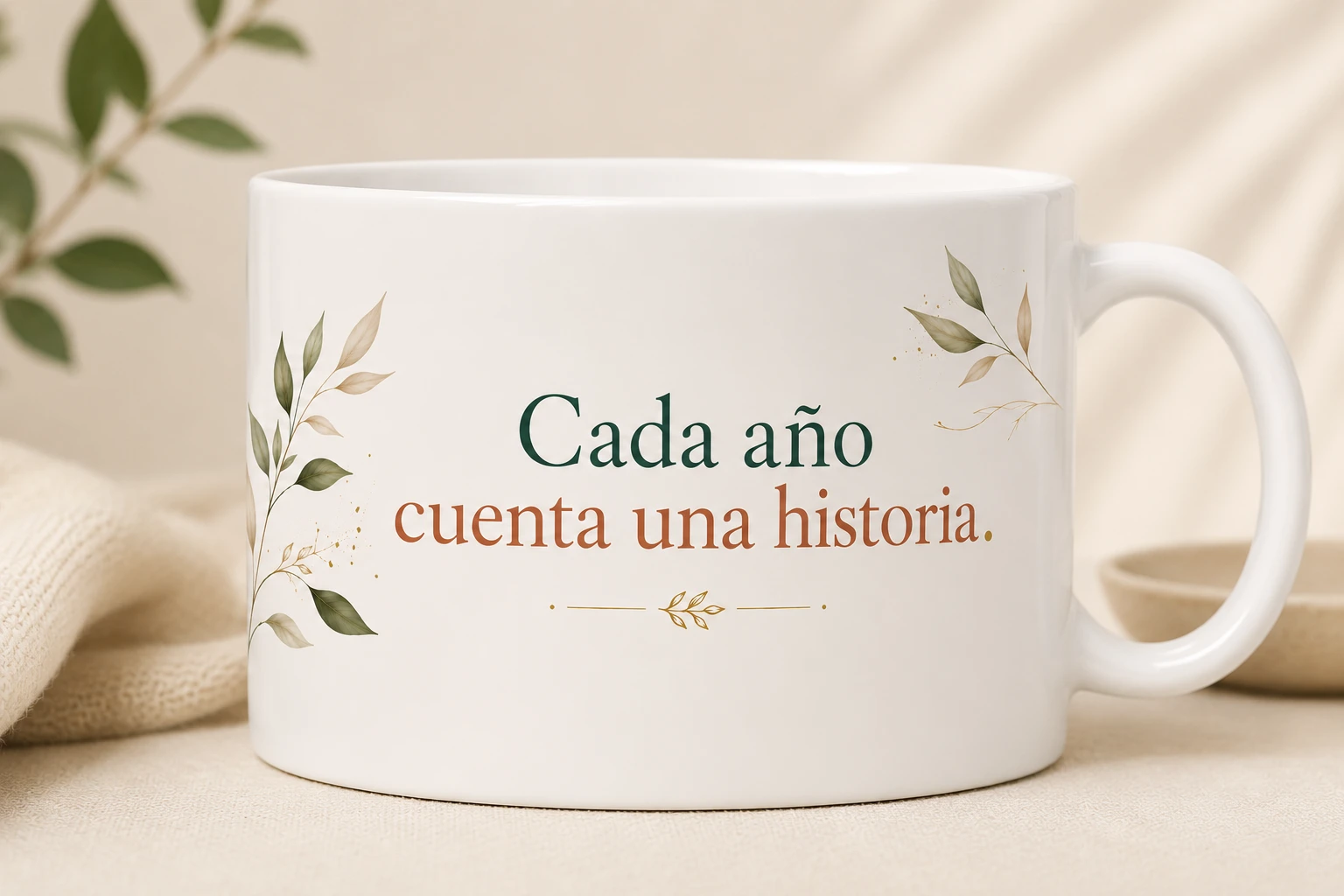 Mug VERBO 'Cada año cuenta una historia', con ilustración de ramas verdes y doradas
