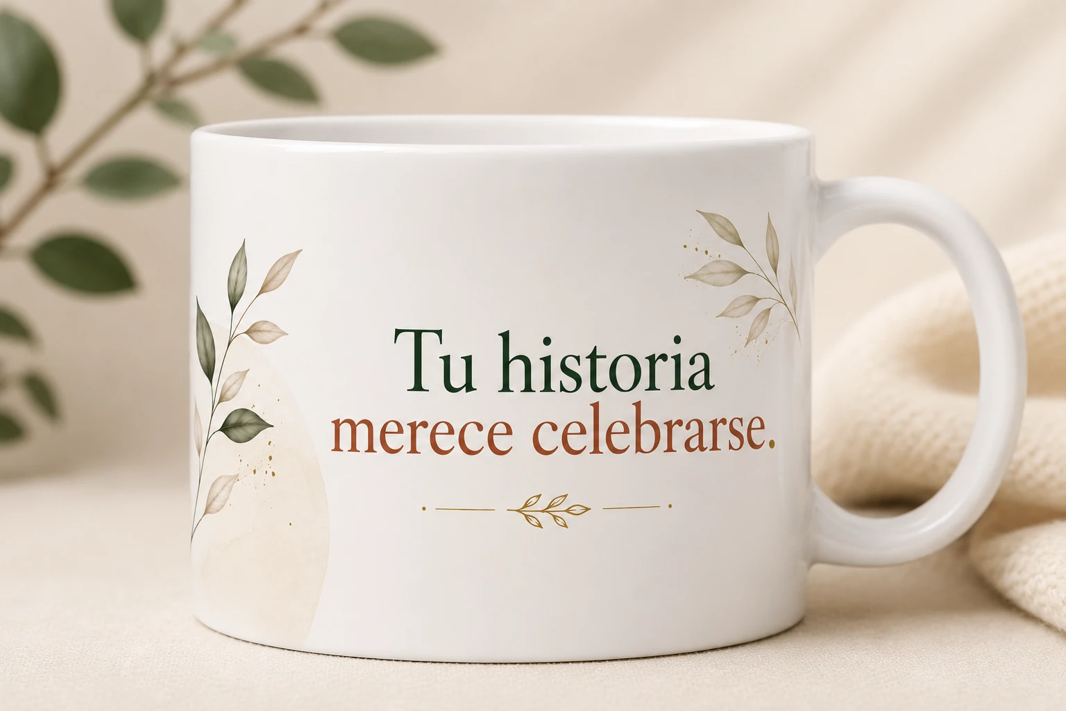 Mug VERBO 'Tu historia merece celebrarse', con ilustración de rama sobre fondo semicircular beige