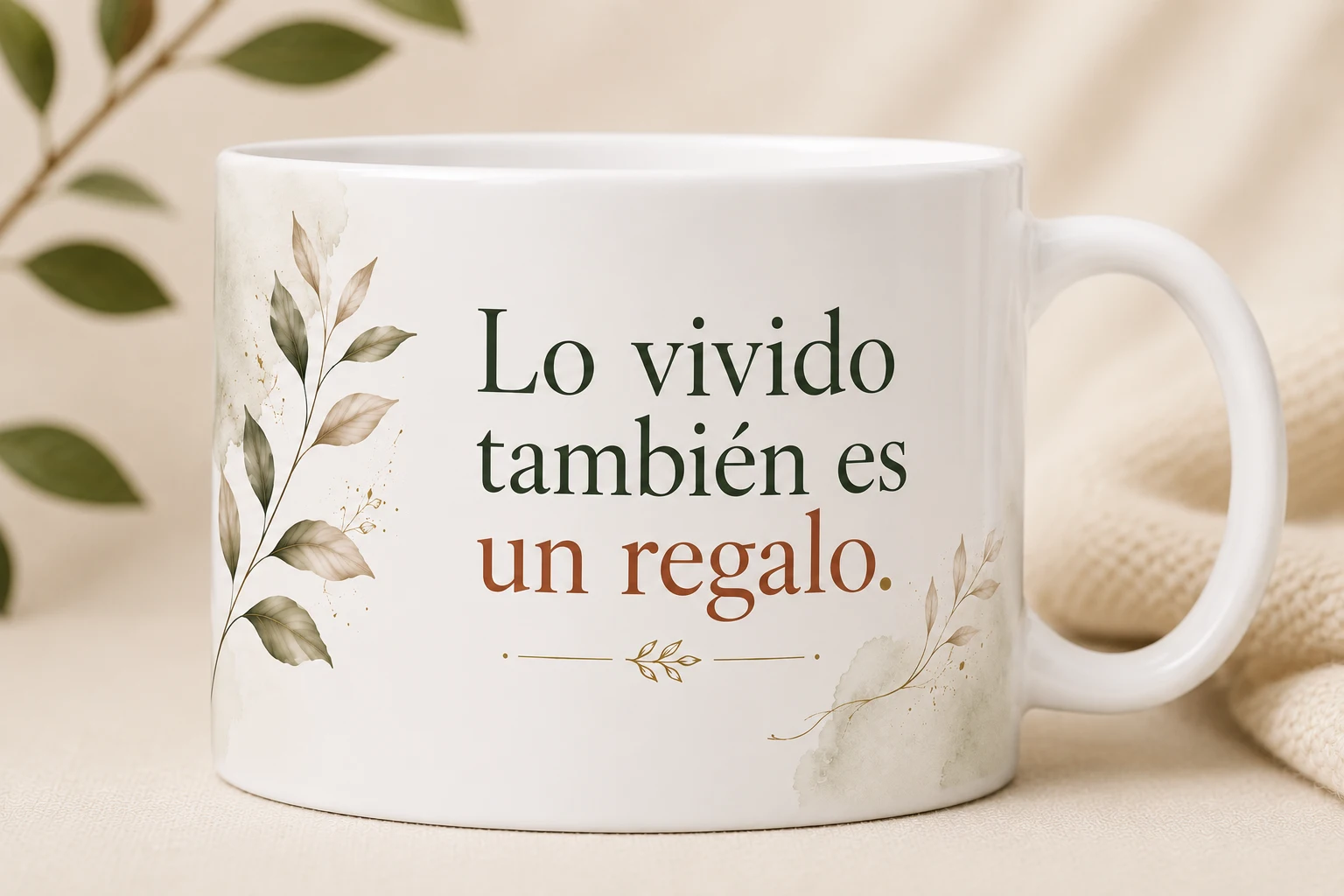 Mug VERBO 'Lo vivido también es un regalo', con ilustración de rama de hojas otoñales