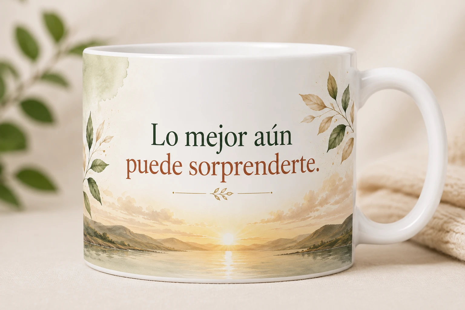 Mug VERBO 'Lo mejor aún puede sorprenderte', con ilustración de atardecer sobre un lago
