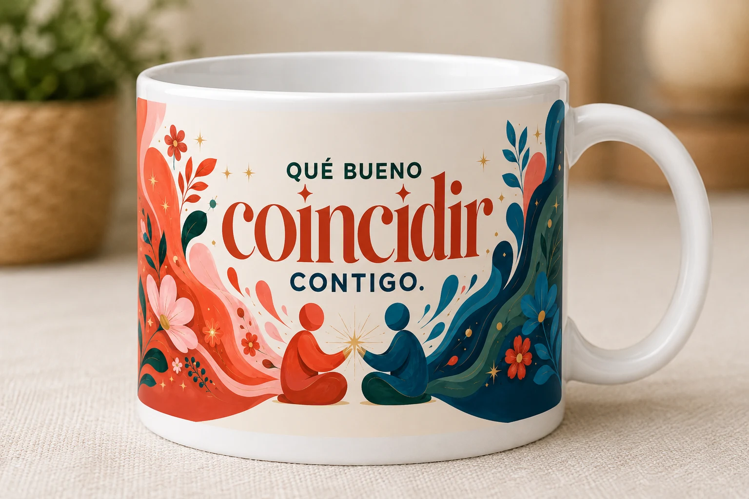 Mug VERBO 'Qué bueno coincidir contigo', pieza principal de la colección, con dos figuras simbólicas y un destello dorado de encuentro