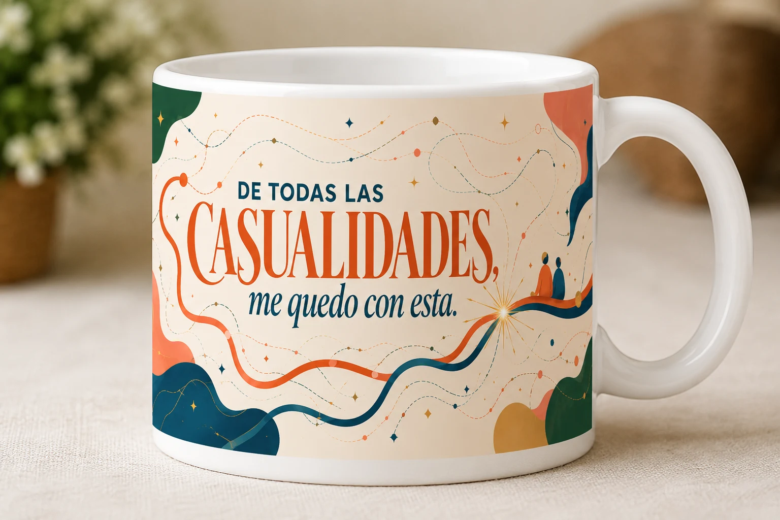 Mug VERBO 'De todas las casualidades, me quedo con esta', de la colección Qué bueno coincidir, con caminos entrelazados y un destello de encuentro
