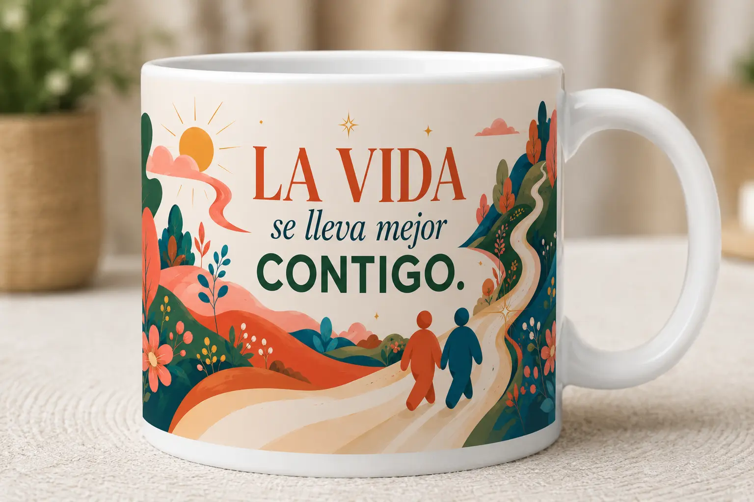 Mug VERBO 'La vida se lleva mejor contigo', de la colección Qué bueno coincidir, con dos figuras caminando por un sendero al amanecer