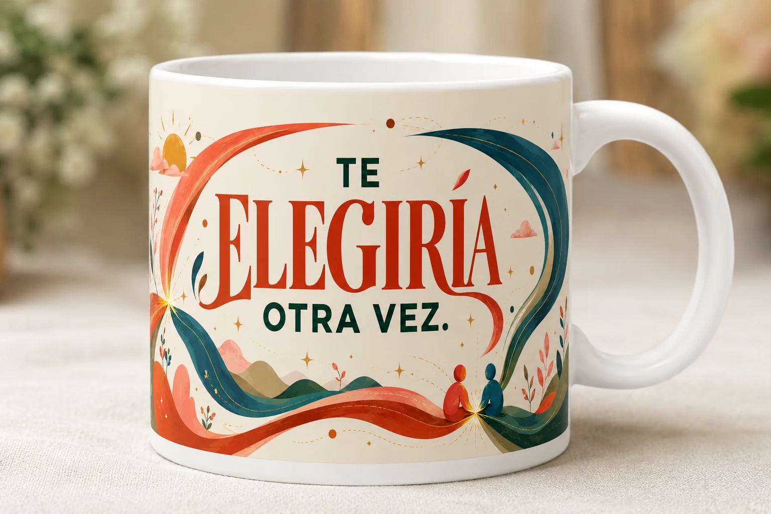 Mug VERBO 'Te elegiría otra vez', la pieza romántica de la colección Qué bueno coincidir, con caminos entrelazados y dos figuras simbólicas