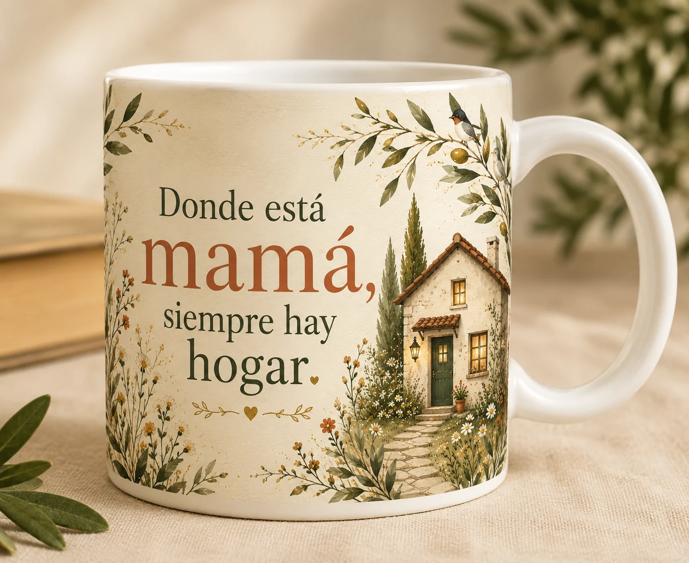 Mug VERBO 'Donde está mamá, siempre hay hogar', con ilustración de casa entre flores silvestres