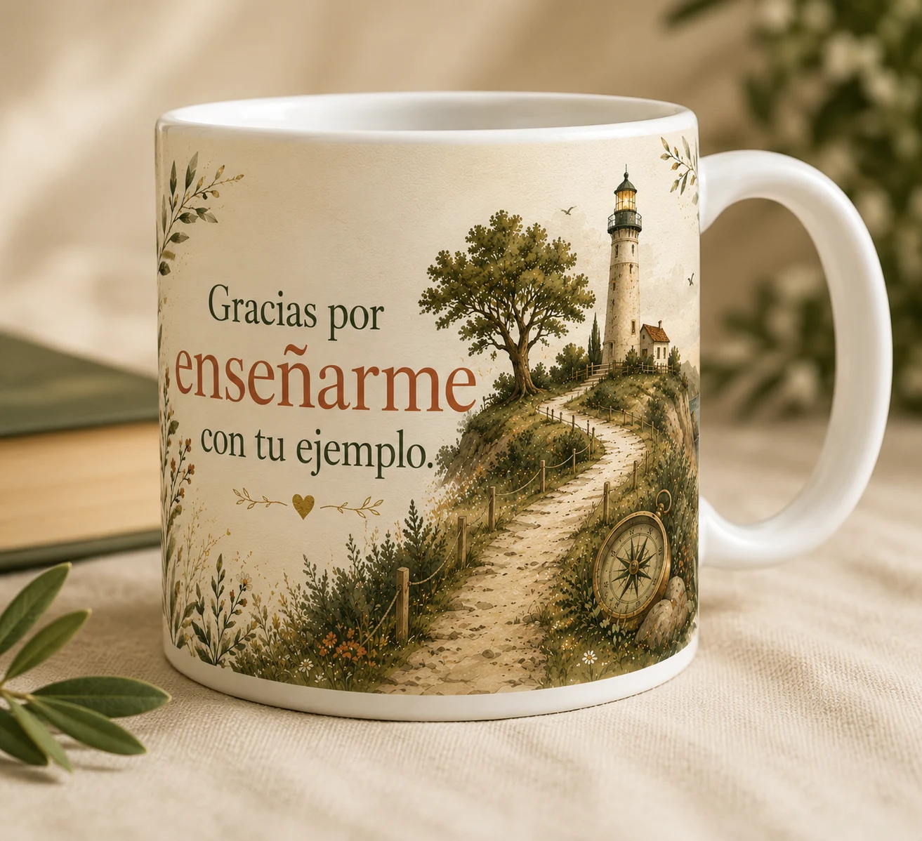 Mug VERBO 'Gracias por enseñarme con tu ejemplo', con ilustración de faro y sendero