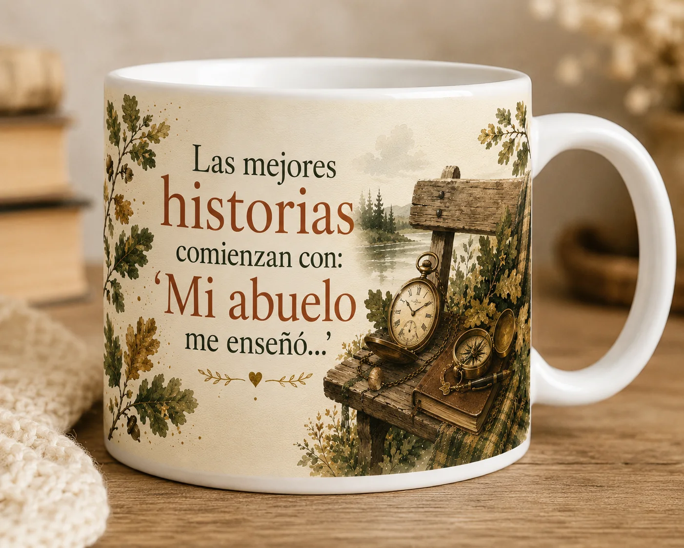 Mug VERBO sobre el abuelo, con ilustración de reloj de bolsillo, brújula y libro junto a un lago