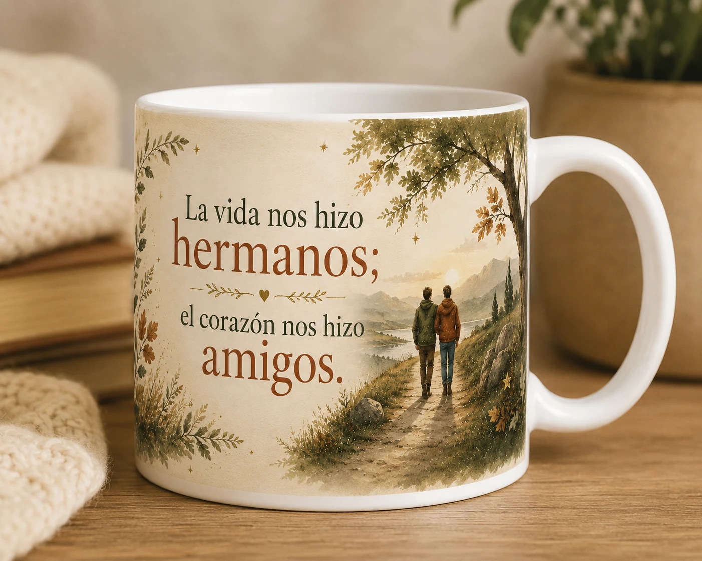 Mug VERBO 'La vida nos hizo hermanos', con ilustración de dos hombres caminando por un sendero
