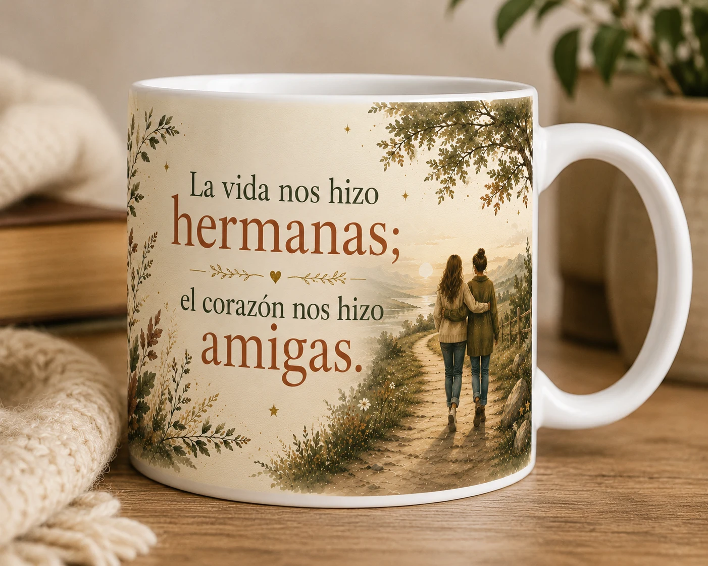 Mug VERBO 'La vida nos hizo hermanas', con ilustración de dos mujeres caminando por un sendero