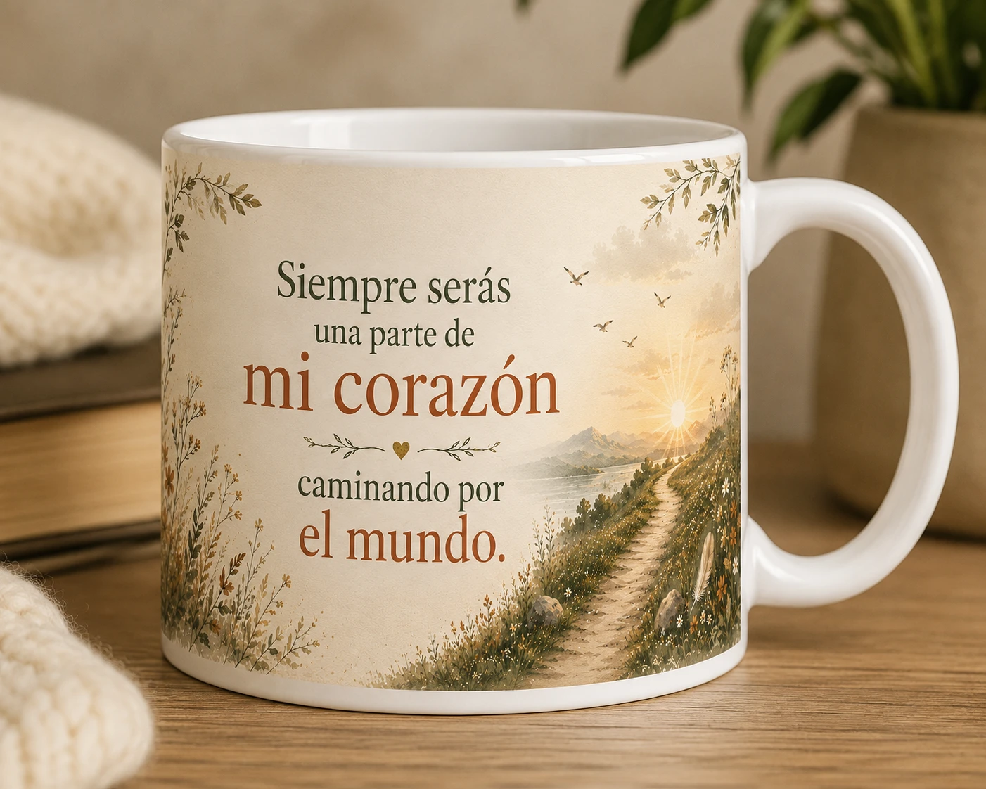 Mug VERBO sobre hijo o hija, con ilustración de sendero al amanecer y una pluma