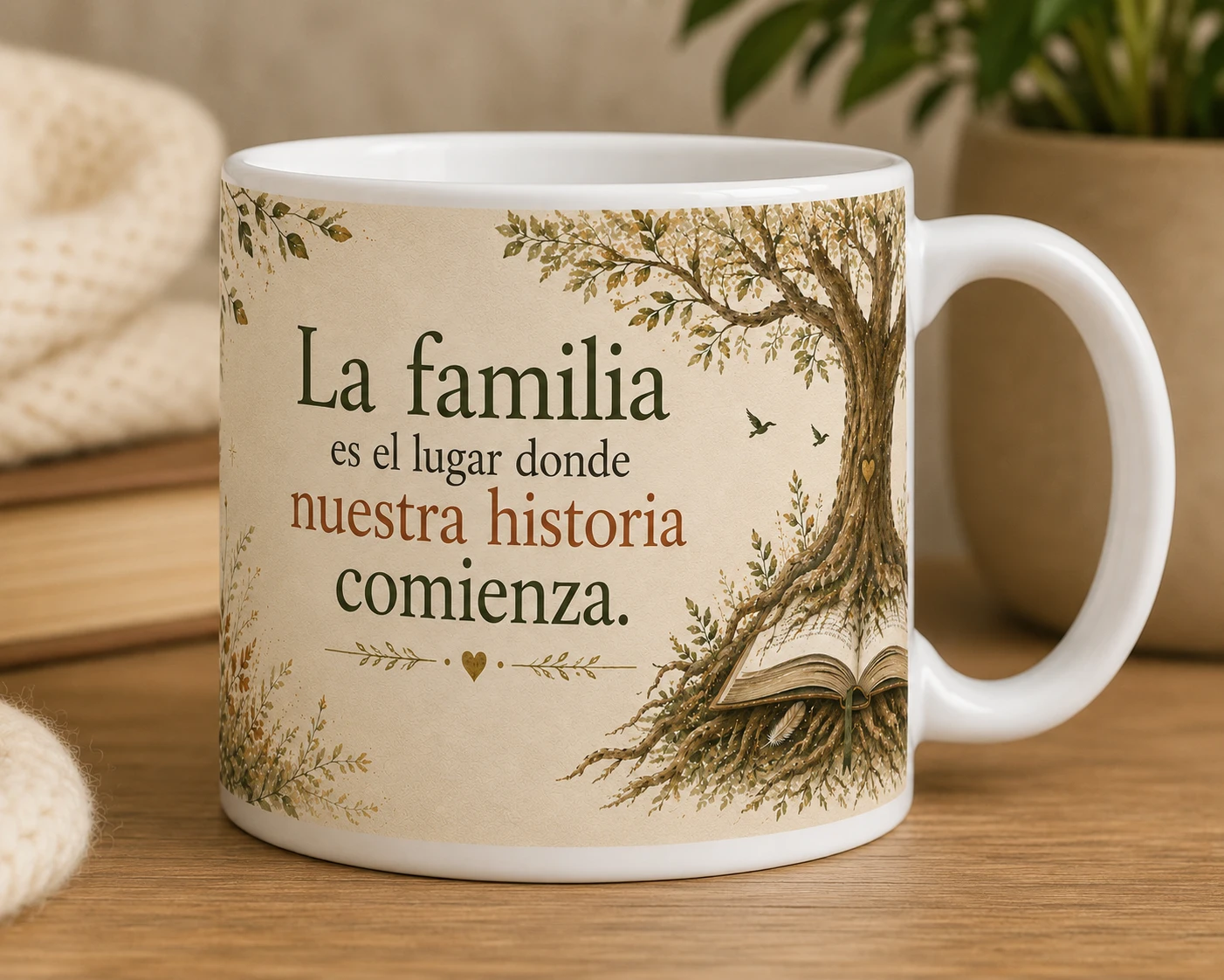 Mug VERBO 'La familia es el lugar donde nuestra historia comienza', con ilustración de árbol y libro entre las raíces
