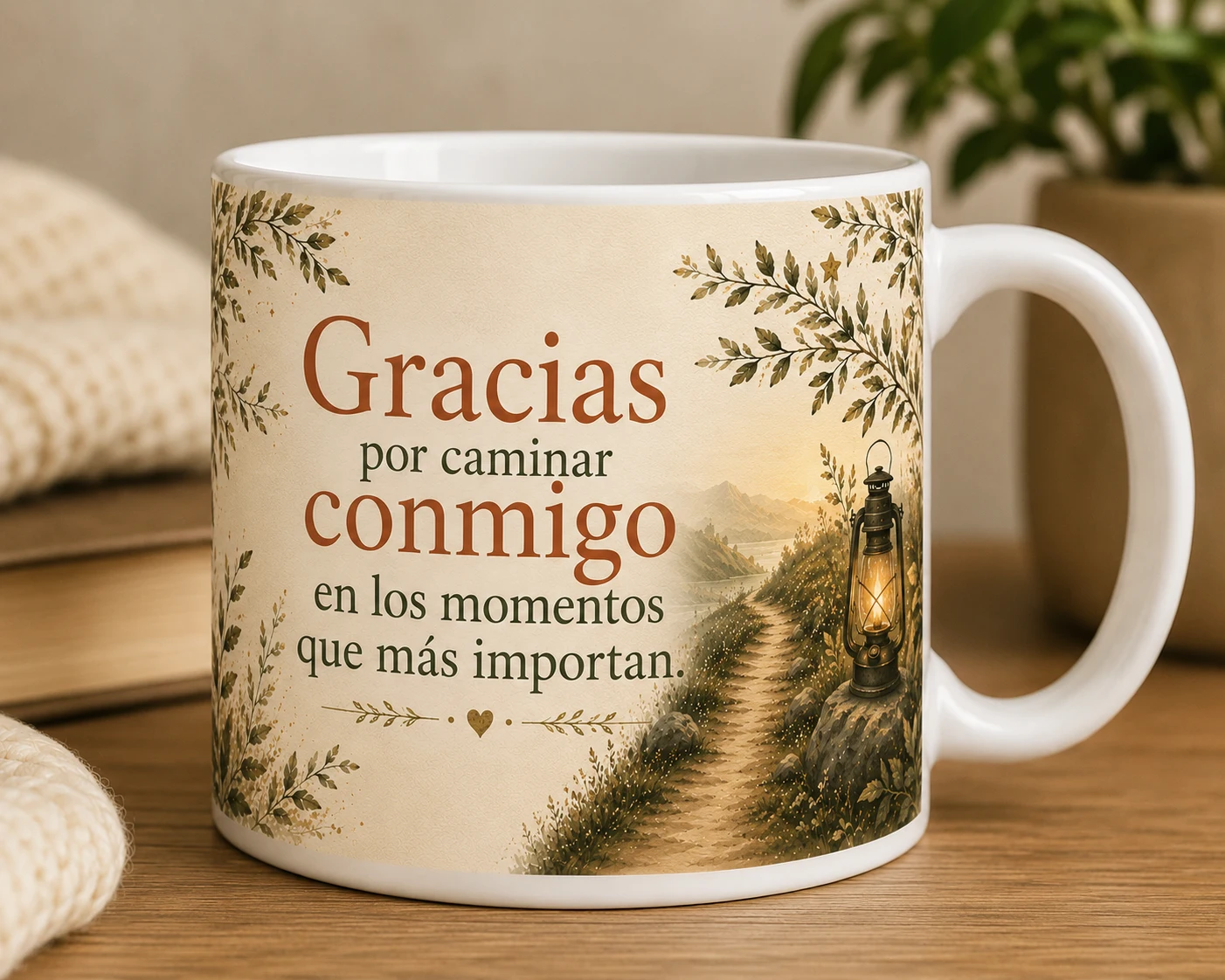 Mug VERBO 'Gracias por caminar conmigo', con ilustración de farol sobre un sendero al atardecer