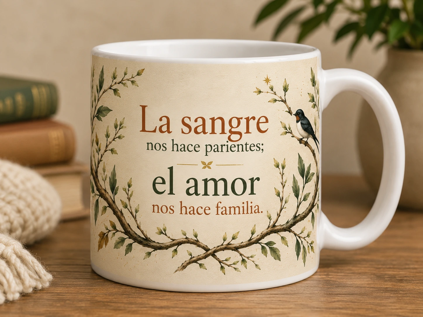 Mug VERBO 'La sangre nos hace parientes, el amor nos hace familia', con ilustración de ramas y un ave