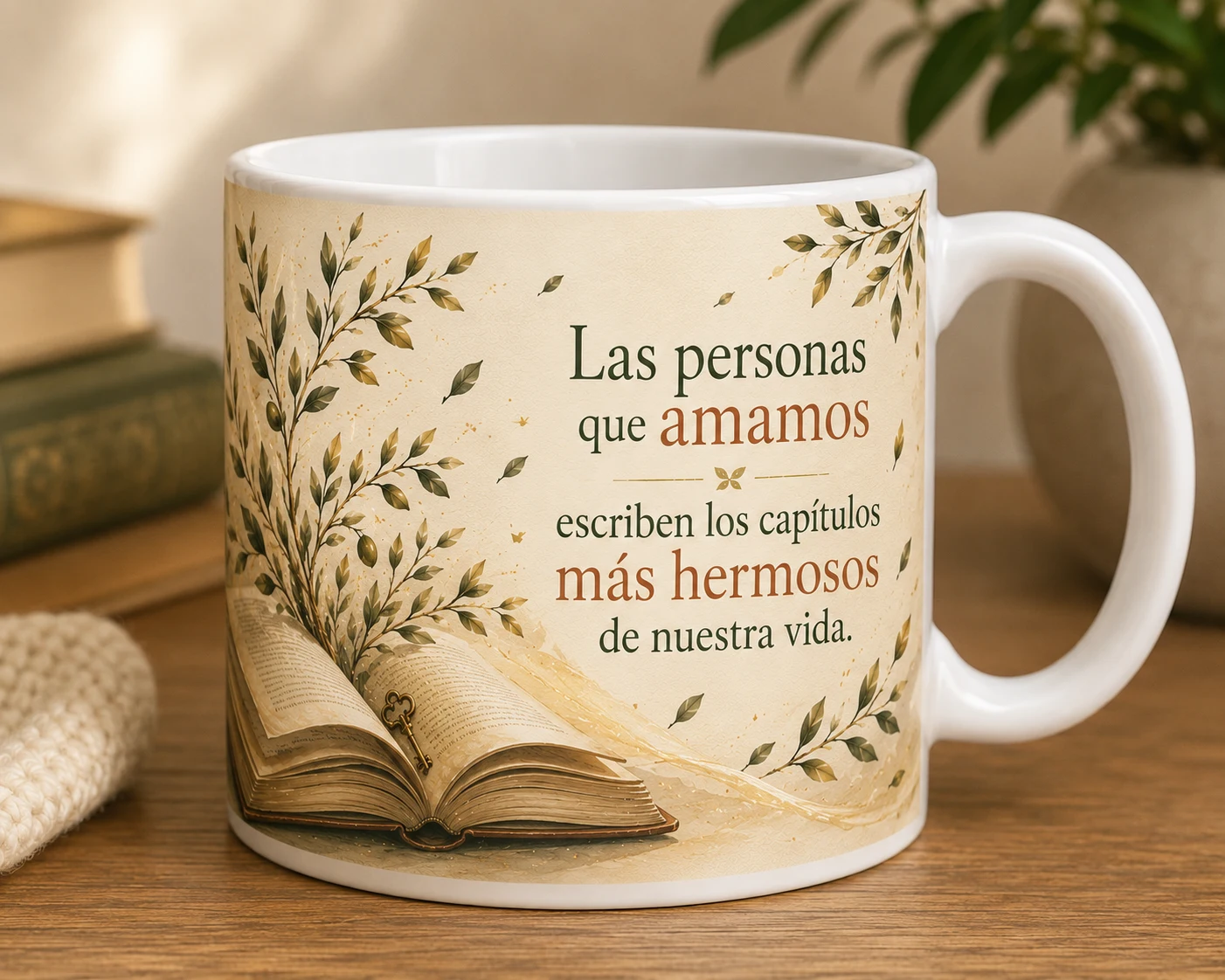 Mug VERBO 'Las personas que amamos escriben los capítulos más hermosos de nuestra vida', con ilustración de libro abierto, llave dorada y ramas