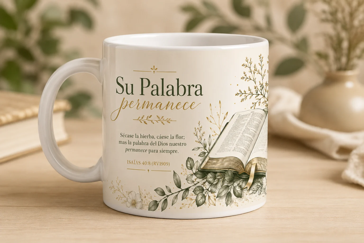 Mug VERBO 'Su Palabra permanece', con ilustración de Biblia abierta entre hojas doradas