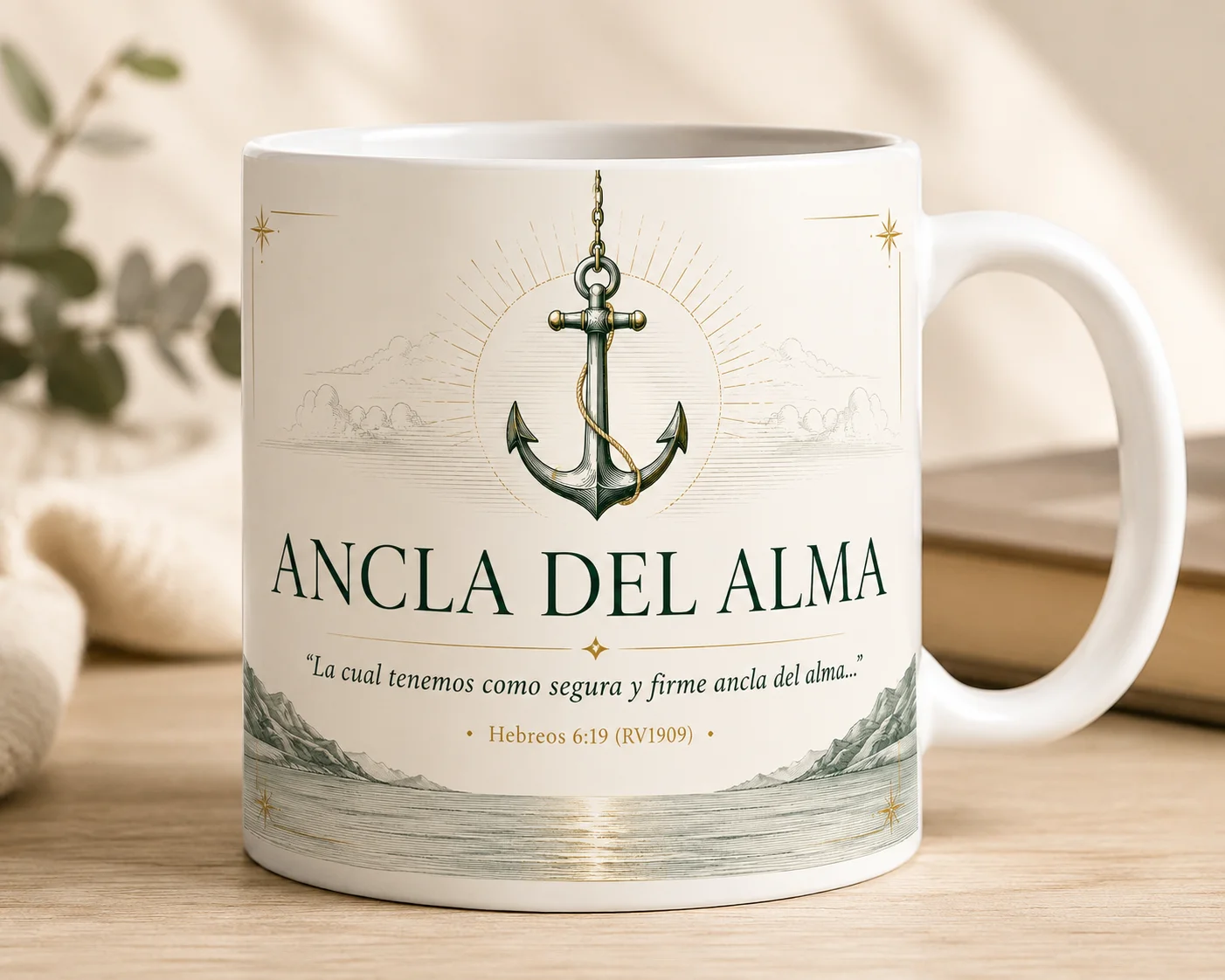 Mug VERBO 'Ancla del alma', con ilustración de ancla náutica sobre paisaje de montañas