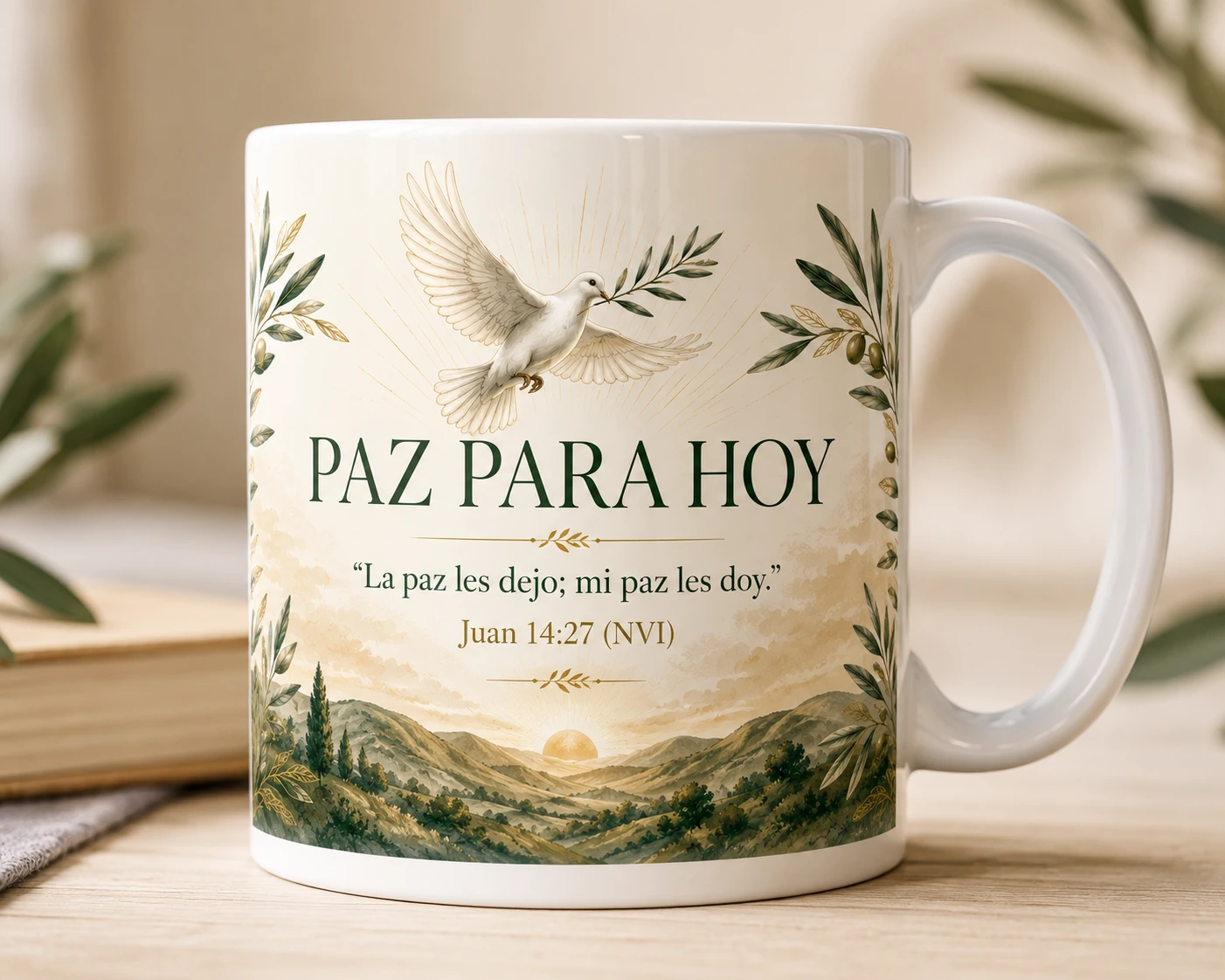 Mug VERBO 'Paz para hoy', con ilustración de paloma volando sobre paisaje al amanecer