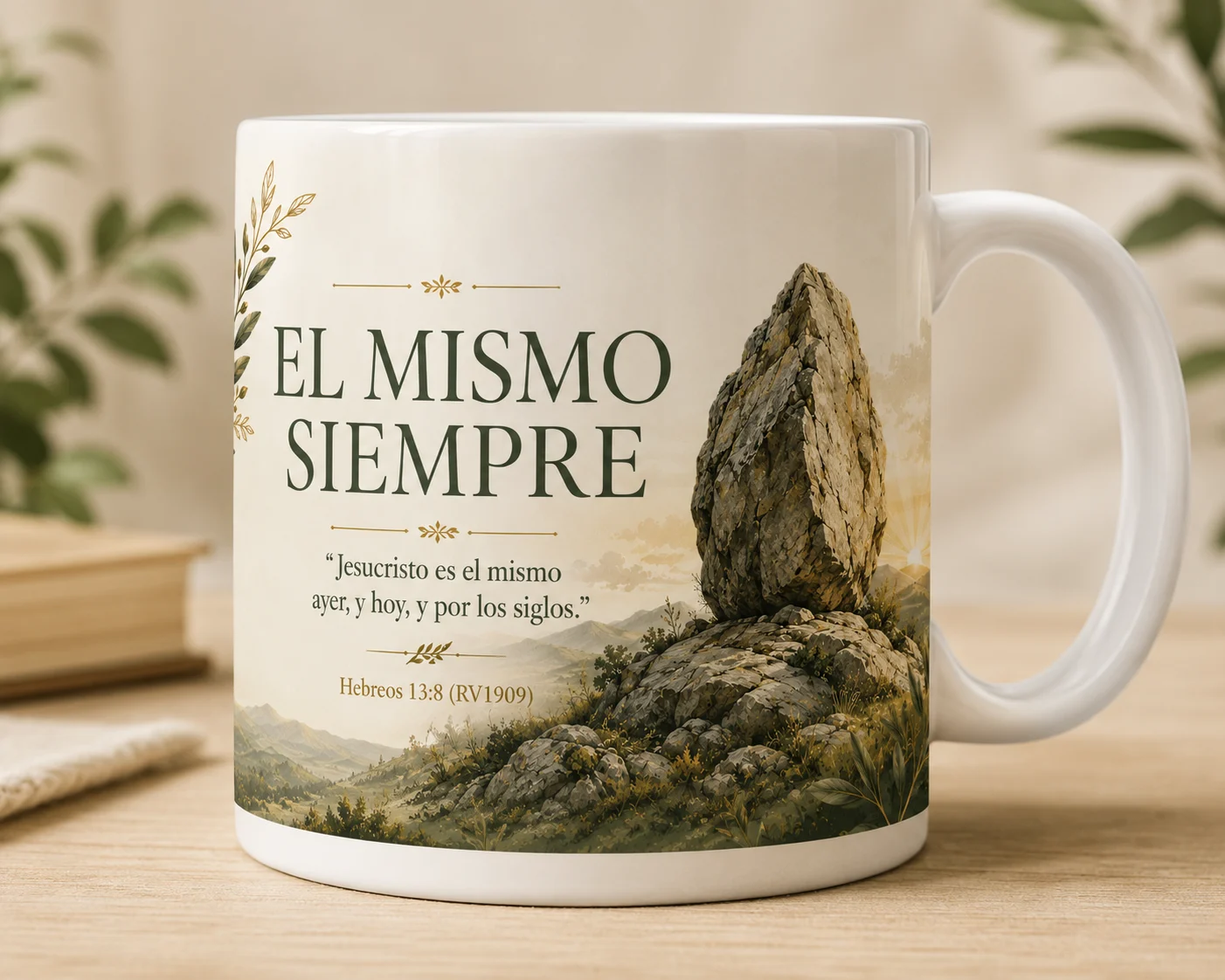 Mug VERBO 'El mismo siempre', con ilustración de roca sobre paisaje de montaña al amanecer