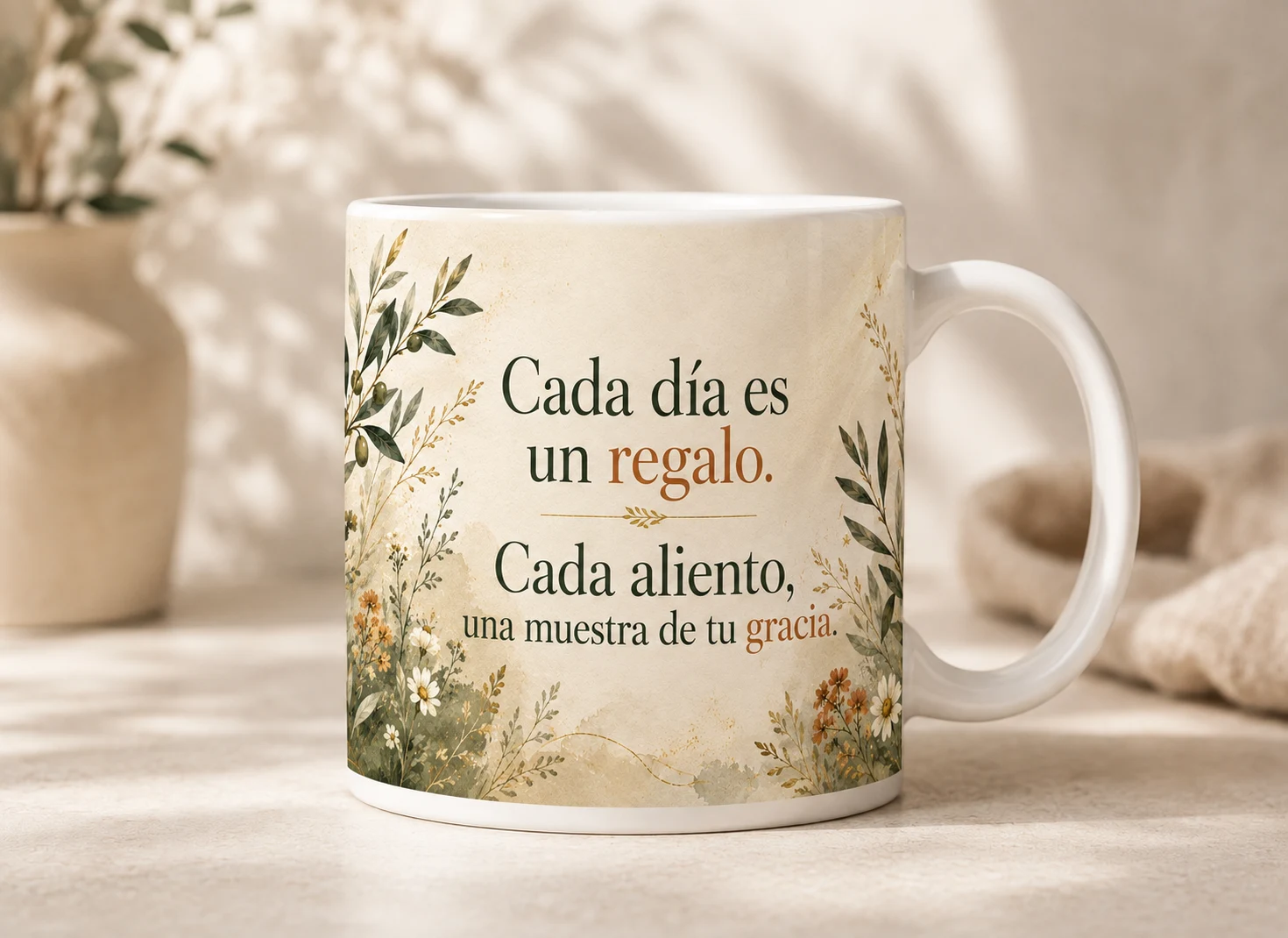 Mug VERBO 'Cada día es un regalo, cada aliento una muestra de tu gracia', con ilustración de flores silvestres