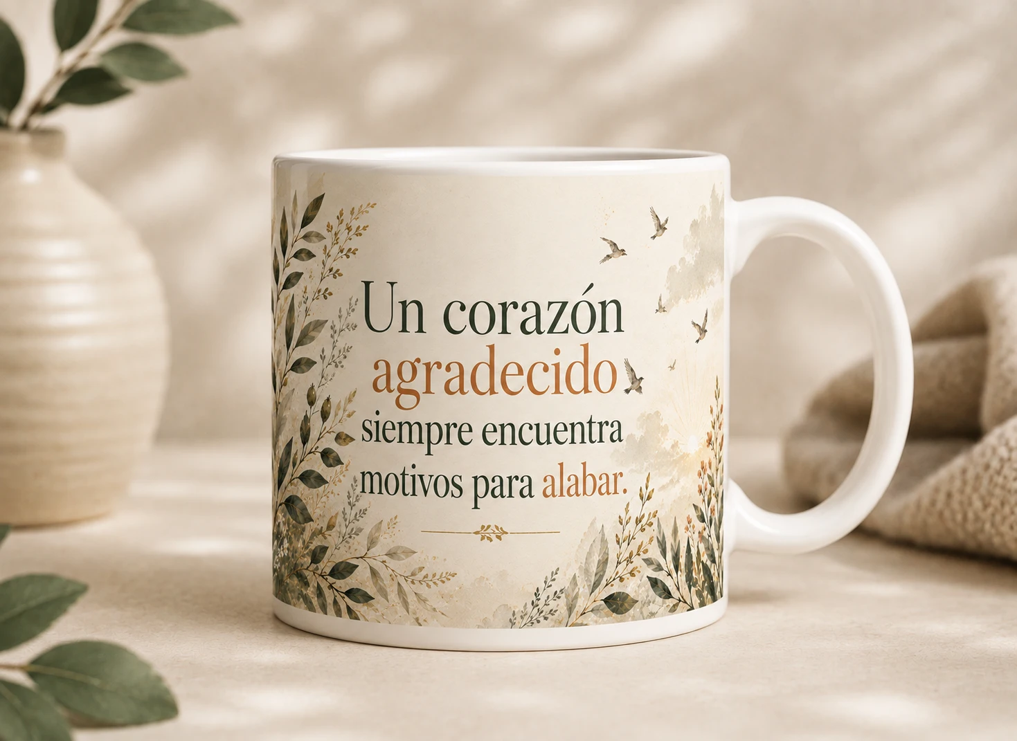 Mug VERBO 'Un corazón agradecido siempre encuentra motivos para alabar', con ilustración de pájaros volando al amanecer