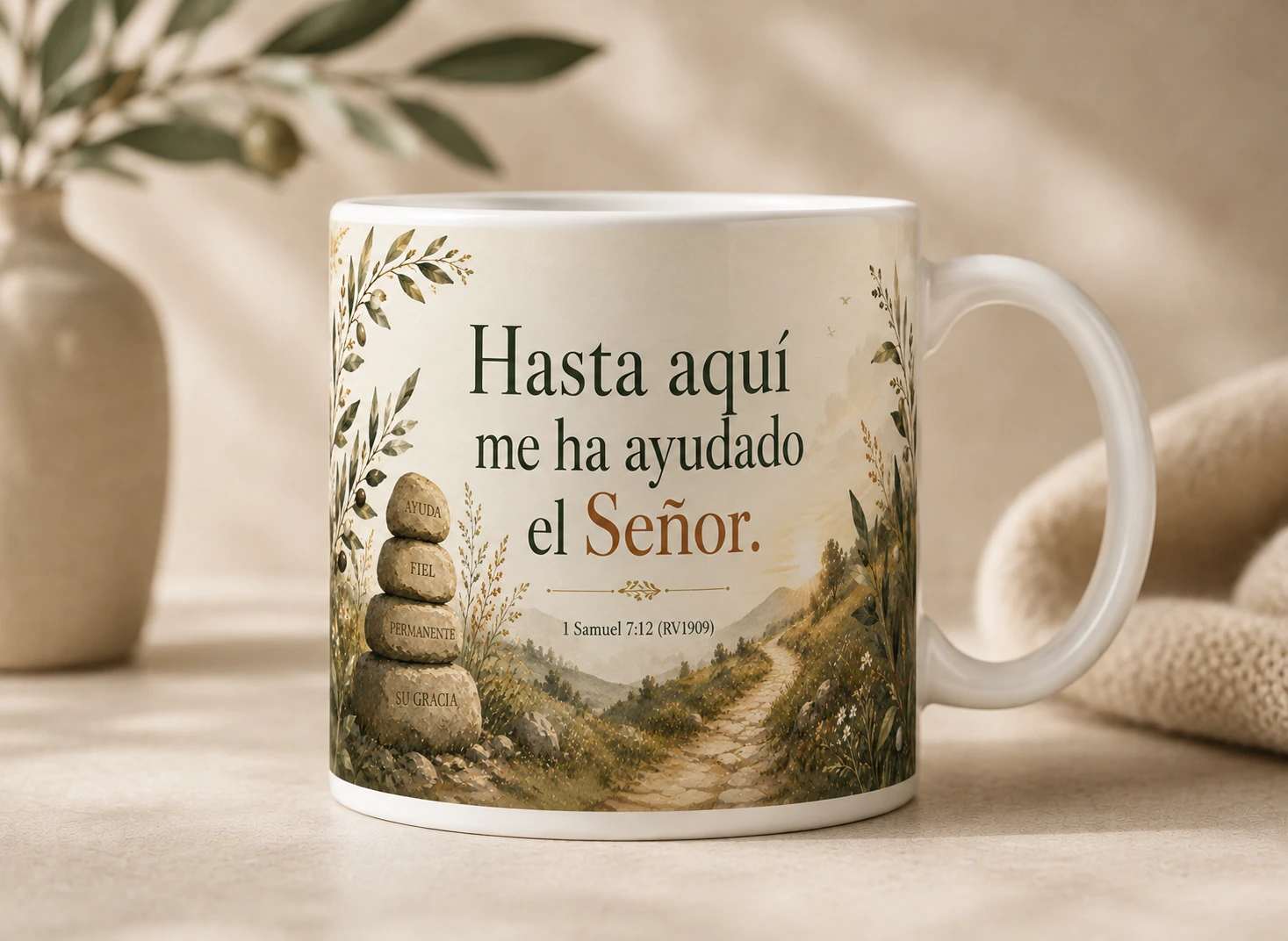 Mug VERBO 'Hasta aquí me ha ayudado el Señor', con ilustración de piedras apiladas junto a un sendero