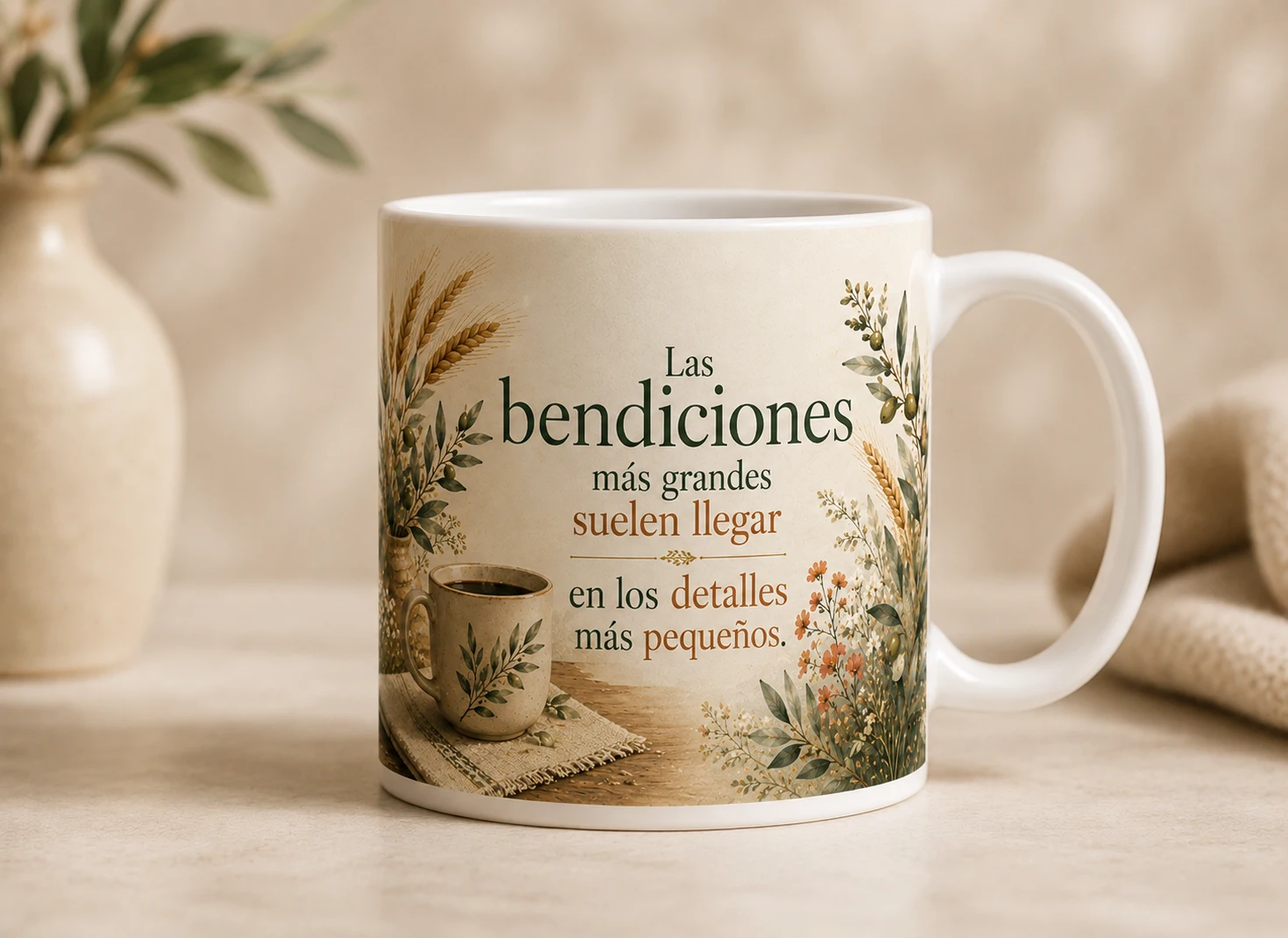 Mug VERBO 'Las bendiciones más grandes suelen llegar en los detalles más pequeños', con ilustración de una taza de café y trigo