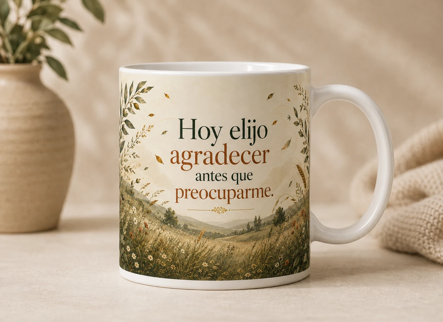 Mug VERBO 'Hoy elijo agradecer antes que preocuparme', con ilustración de campo de flores silvestres