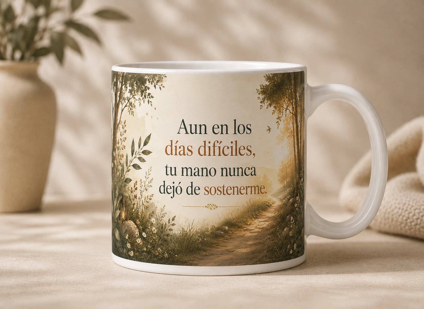 Mug VERBO 'Aun en los días difíciles, tu mano nunca dejó de sostenerme', con ilustración de un sendero boscoso