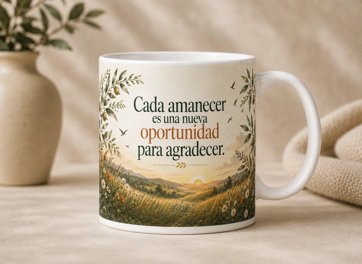 Mug VERBO 'Cada amanecer es una nueva oportunidad para agradecer', con ilustración de campo florido al amanecer