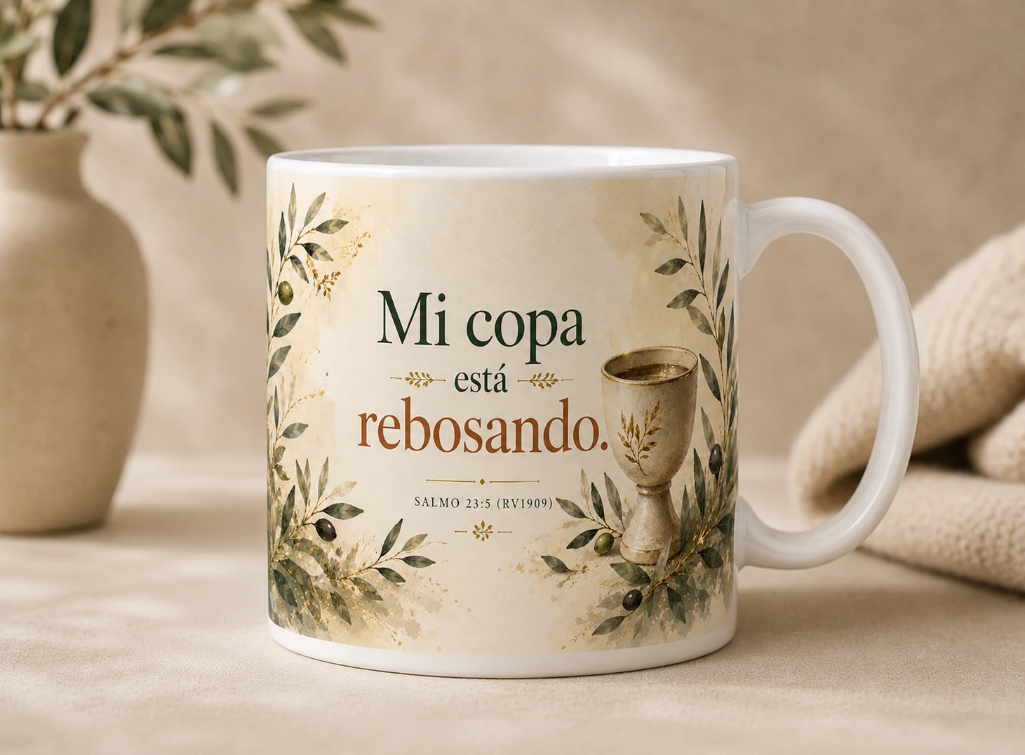 Mug VERBO 'Mi copa está rebosando', con ilustración de una copa entre ramas de olivo